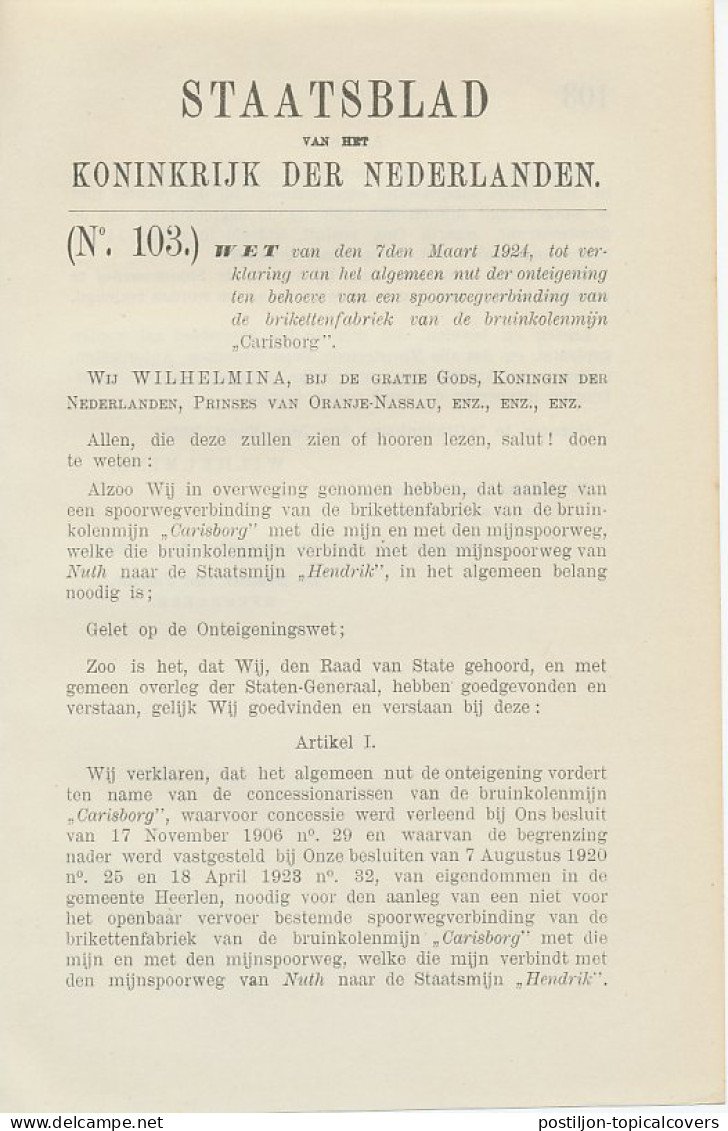 Staatsblad 1924 : Spoorlijn Kolenmijn Carisborg - Historical Documents