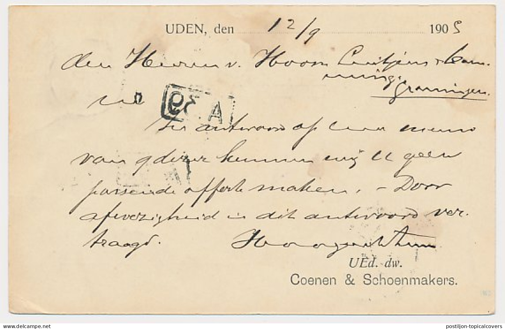 Uden - Trein Kleinrondstempel Bokstel - Goch C 1905 - Lettres & Documents