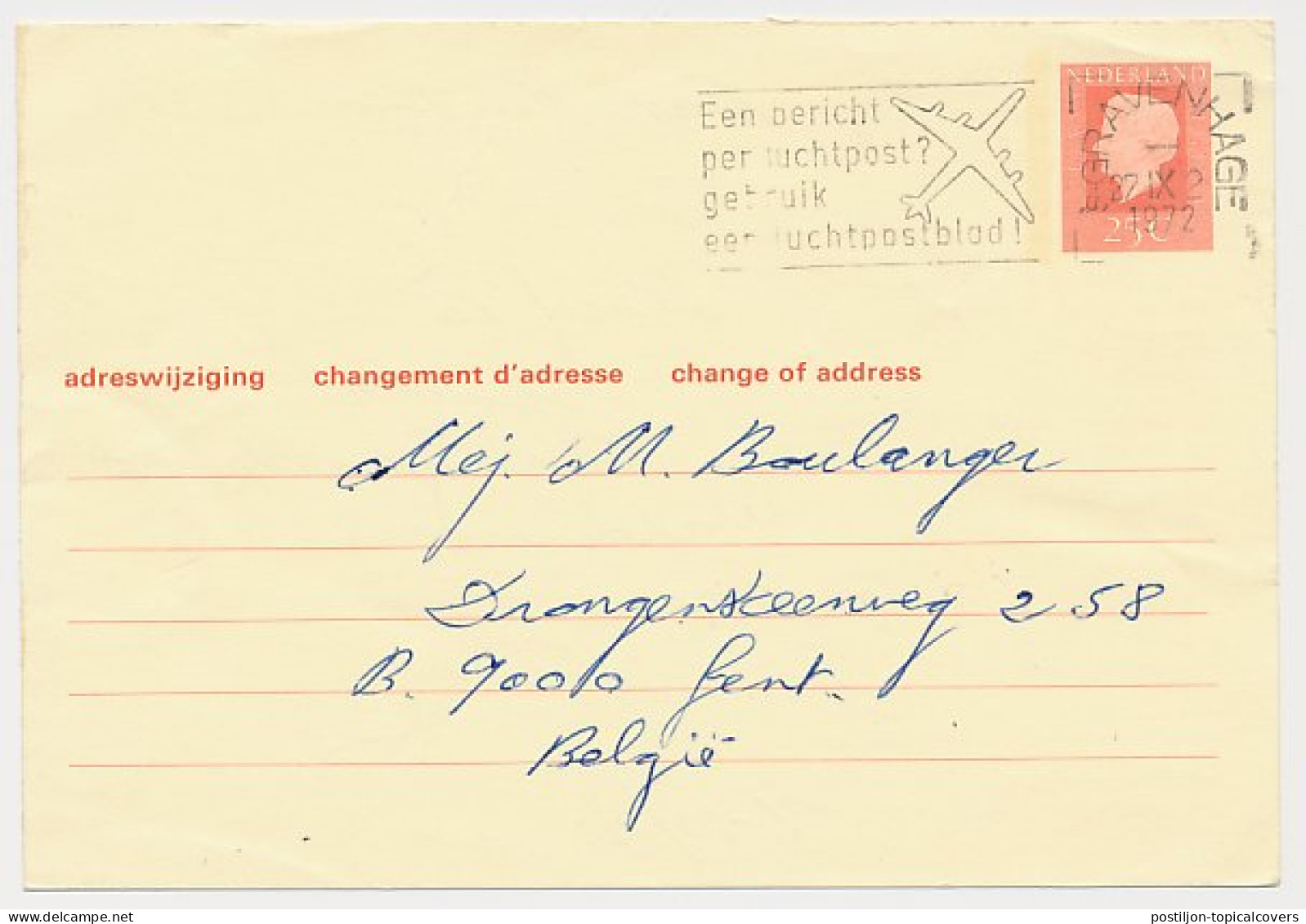 Verhuiskaart G. 38 Den Haag - Belgie 1972 - Naar Buitenland - Postwaardestukken