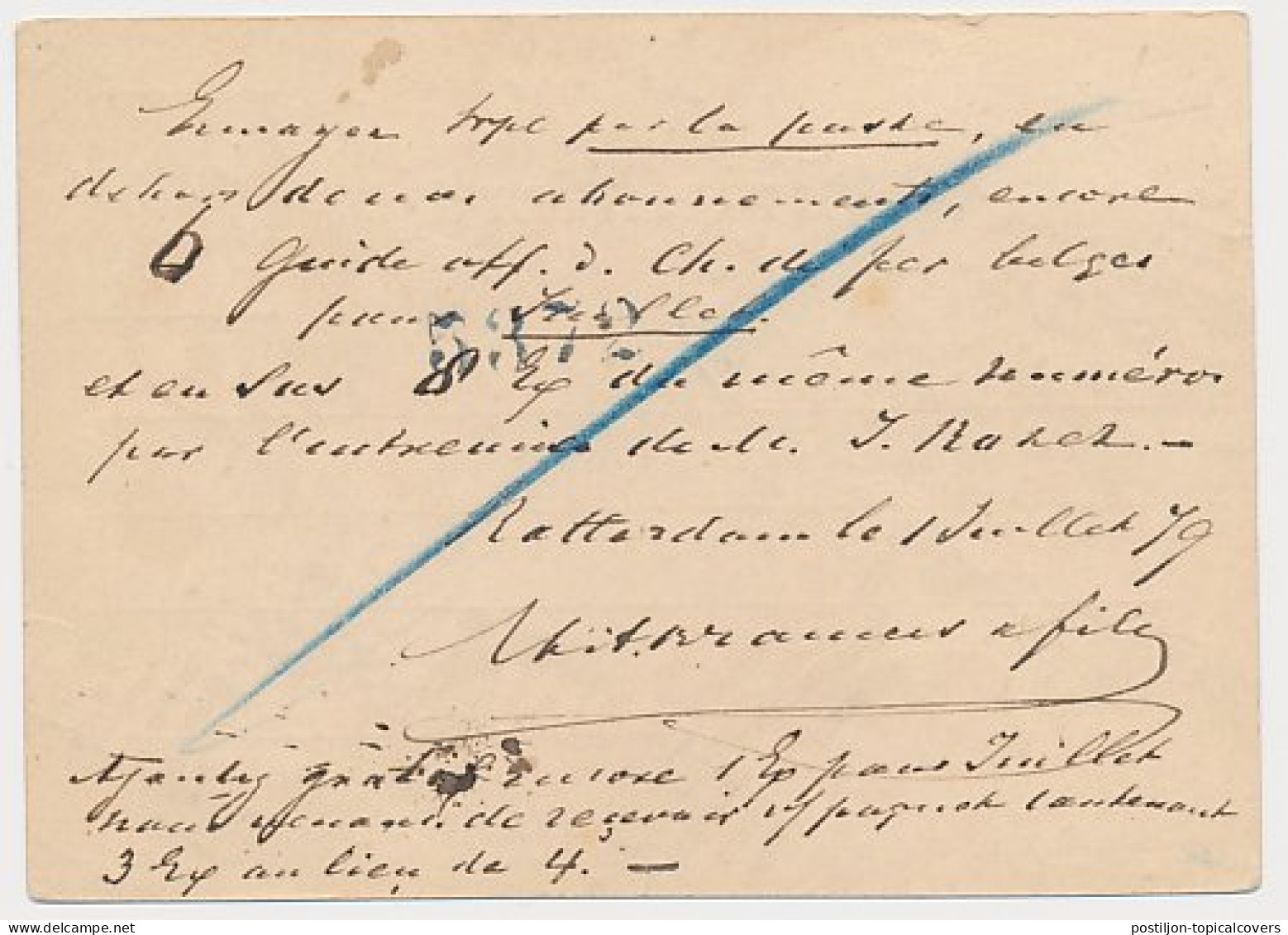 Trein Kleinrondstempel Rotterdam - Antwerpen III 1879 - Cartas & Documentos