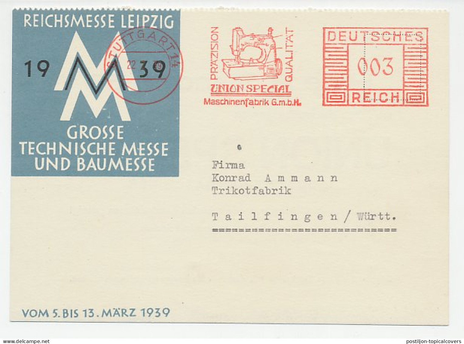 Meter Card Deutsches Reich / Germany 1939 Sewing Machine - Union - National Fair - Kostums