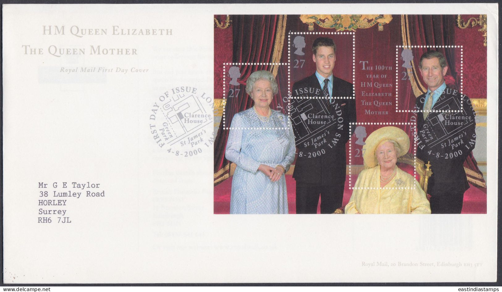 GB Great Britain 2000 FDC The Queen Mother, Elizabeth, Prince Charles, Harry, Royal, Pictorial Postmark, First Day Cover - Brieven En Documenten