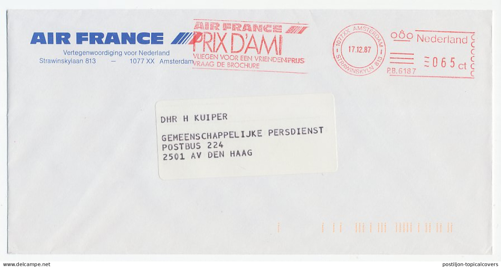 Meter Cover Netherlands 1987 Air France - Prix D Ami - Aerei