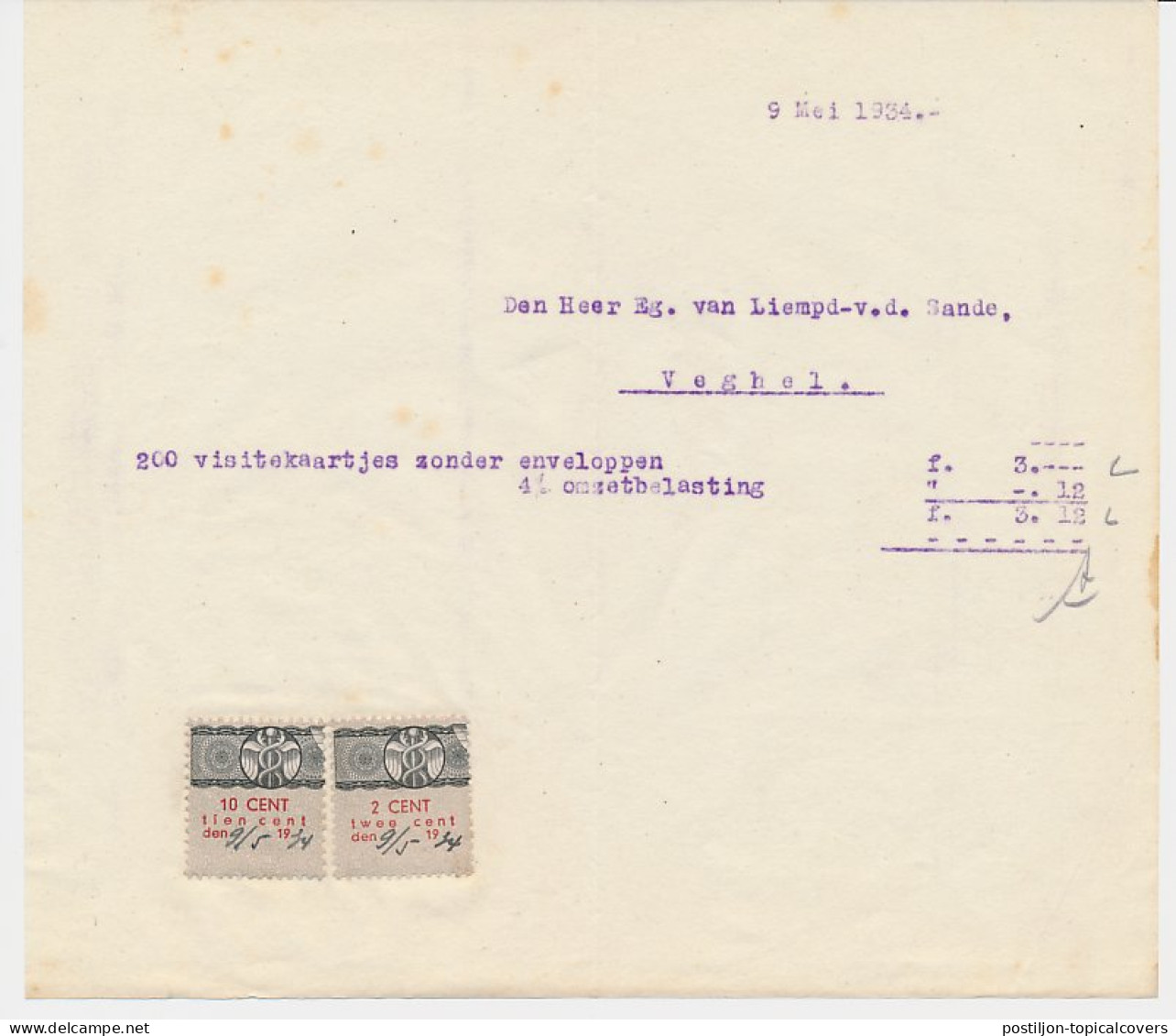 Omzetbelasting 2 / 10 CENT - Veghel 1934 - Fiscaux