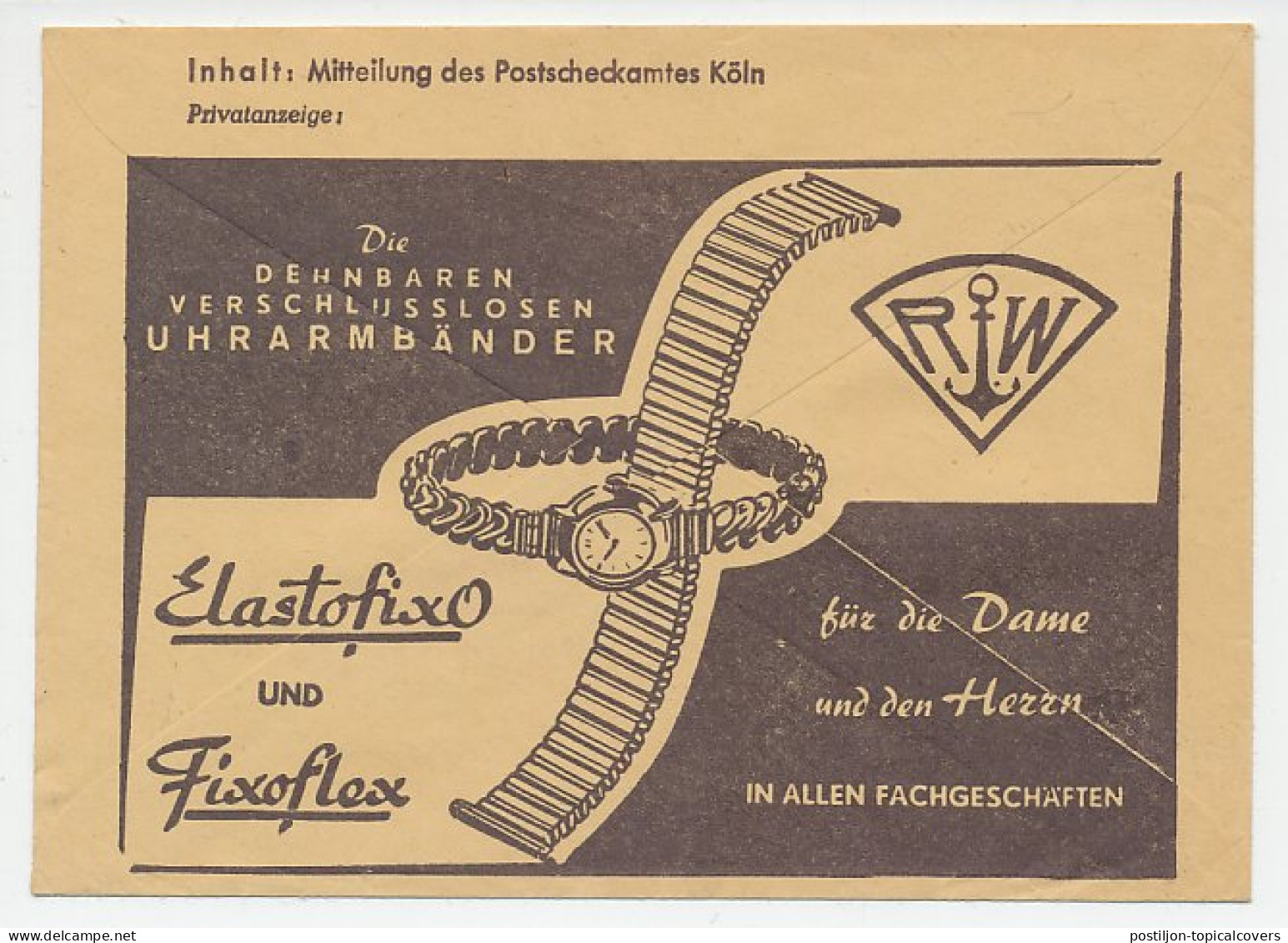 Postal Cheque Cover Germany 1955 Watch - Clock - Elastofixo - Fixoflex - Relojería