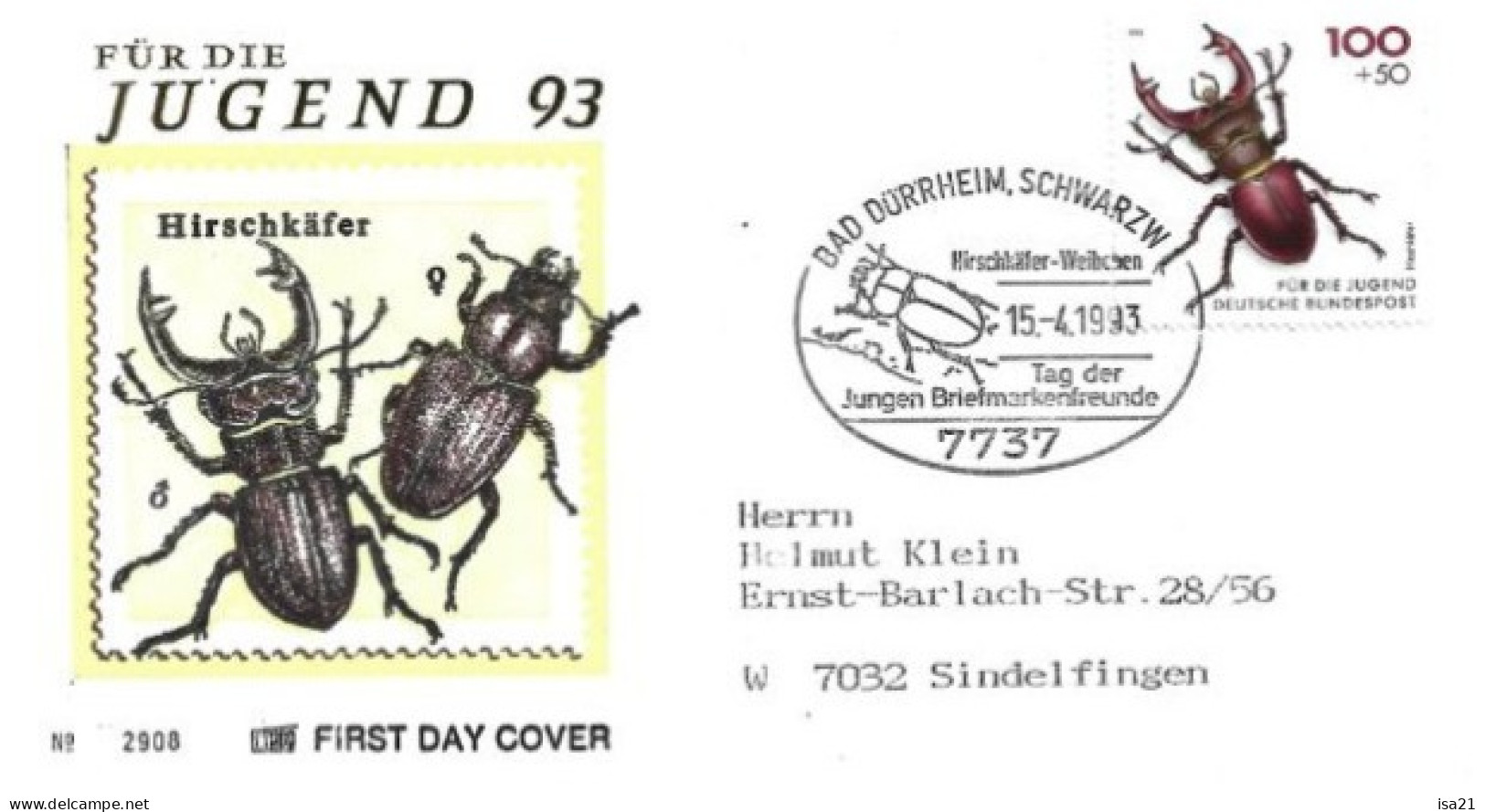 Allemagne: FIRST DAY COVER 1993: Für Die Jugend 93: Hirschkäfer. Bad Dürrheim, Schwarzw. - 1991-2000
