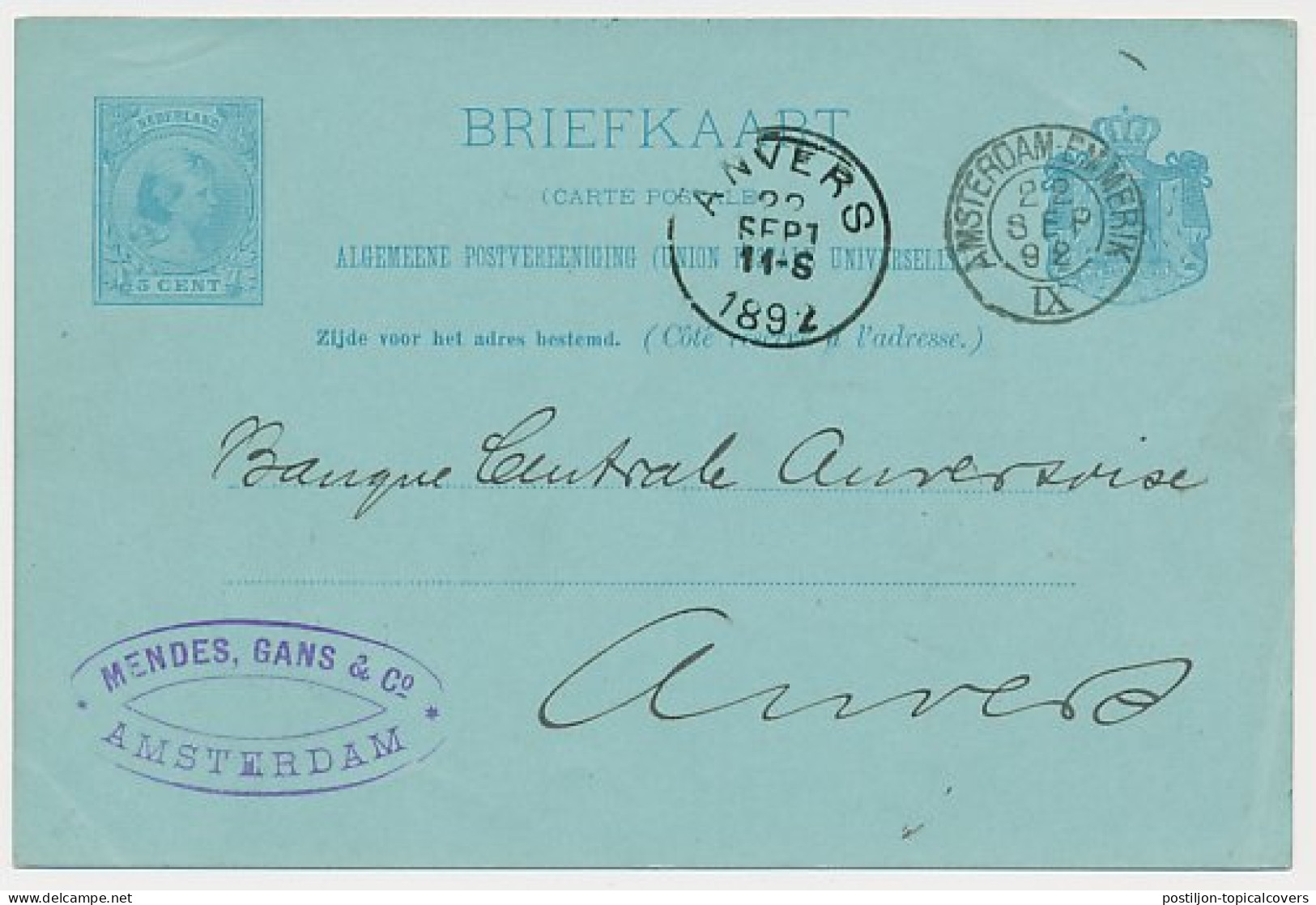 Trein Kleinrondstempel Amsterdam - Emmerik IX 1892 - Briefe U. Dokumente