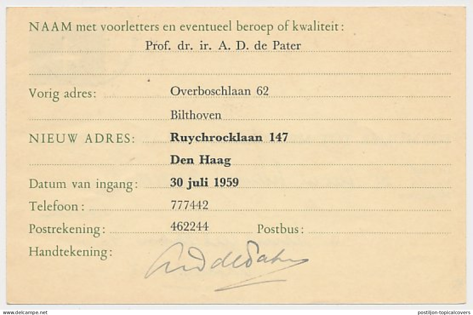 Verhuiskaart G. 26 Particulier Bedrukt Bilthoven 1959 - Interi Postali