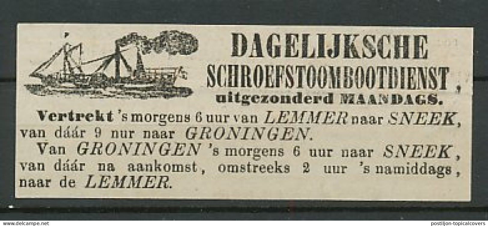 Advertentie 1866 Stoombootdienst Lemmer - Sneek - Groningen - Lettres & Documents