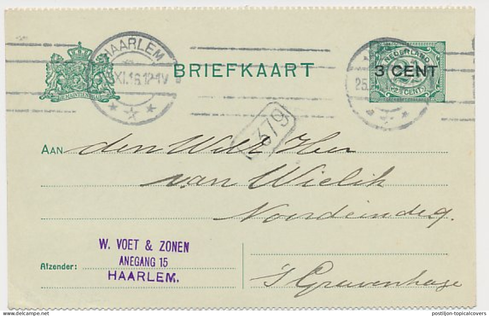 Briefkaart G. 96 B II Haarlem - S Gravenhage 1918 - Postal Stationery