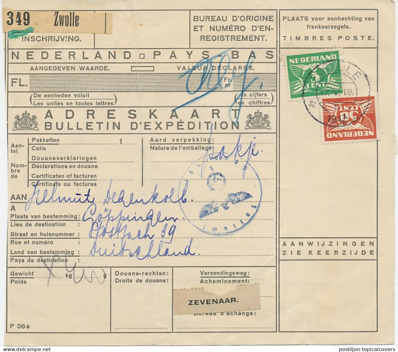 Em. Duif Pakketkaart Zwolle - Duitsland 1943 - Unclassified