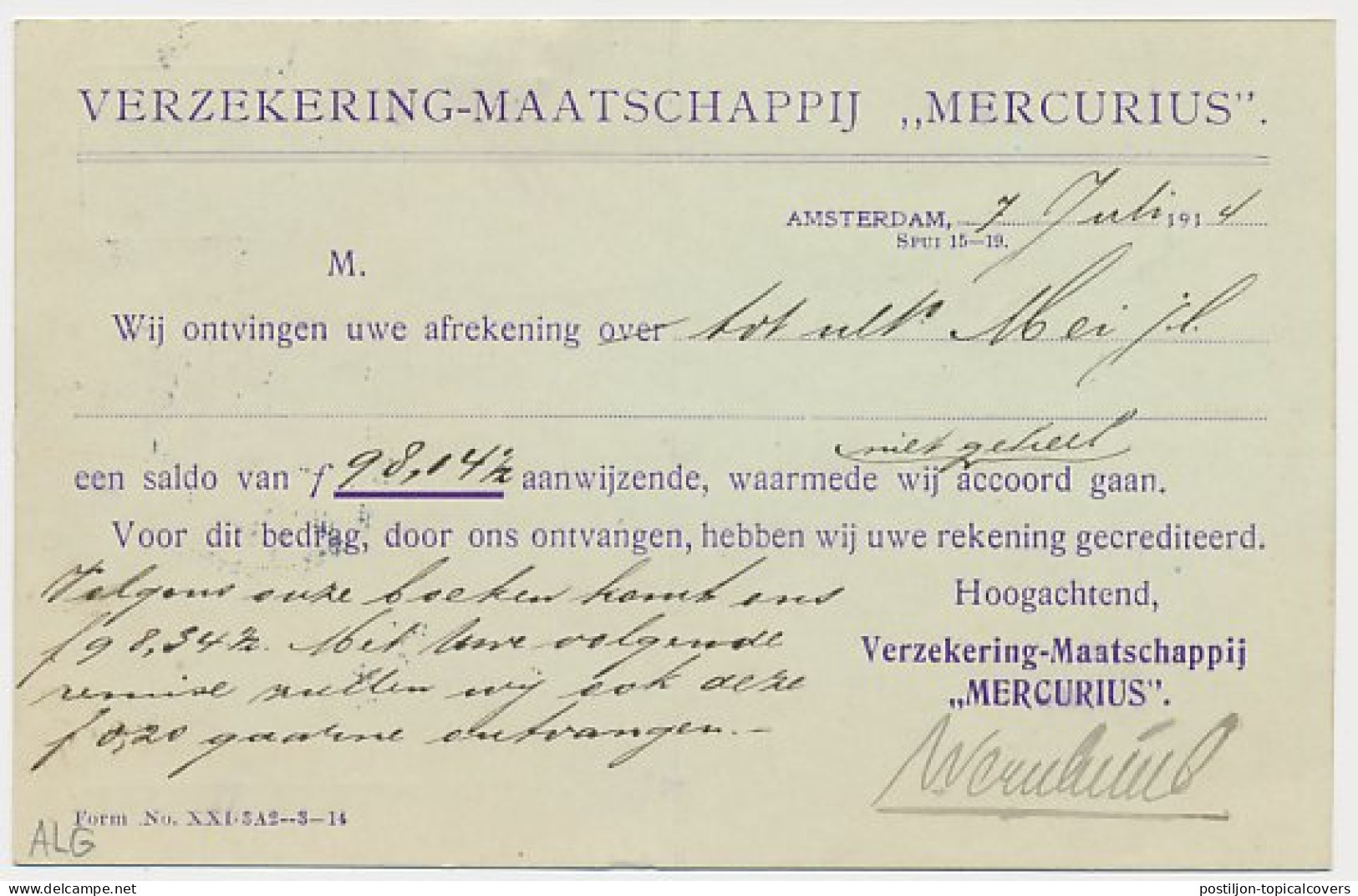 Firma Briefkaart Amsterdam 1914 - Mercurius - Non Classés