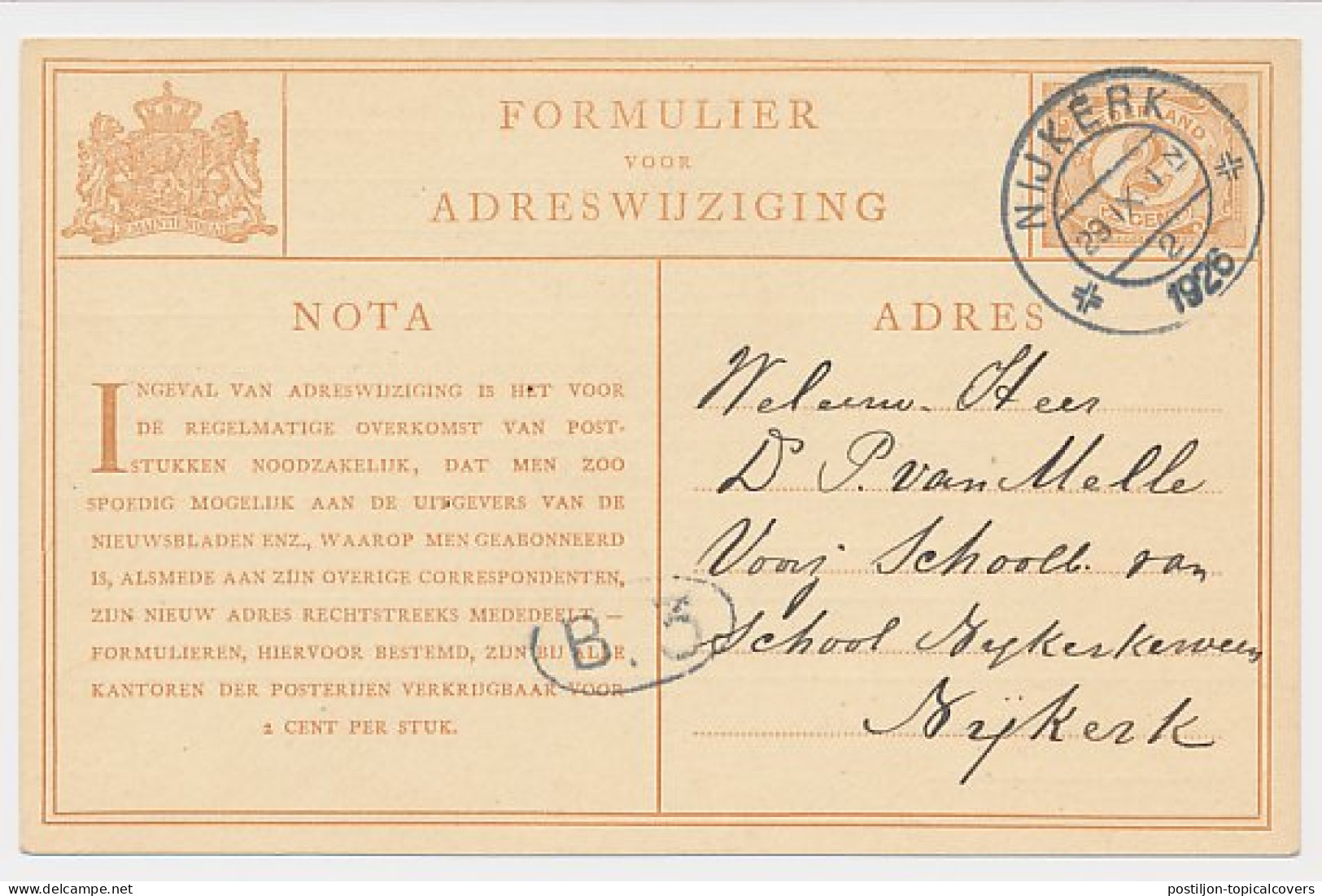 Verhuiskaart G. 3 Locaal Te Nijkerk 1926 - Postal Stationery