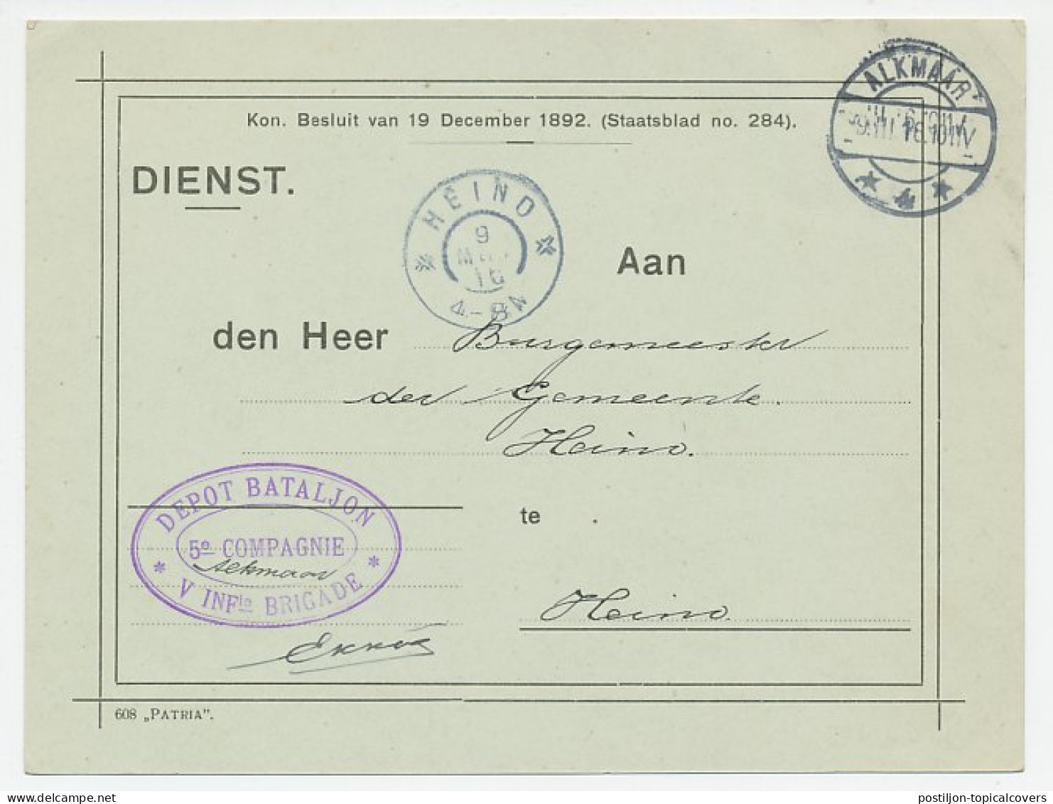Dienst Alkmaar - Heino 1916 - Commandant 5e Depot Compagnie - Non Classificati