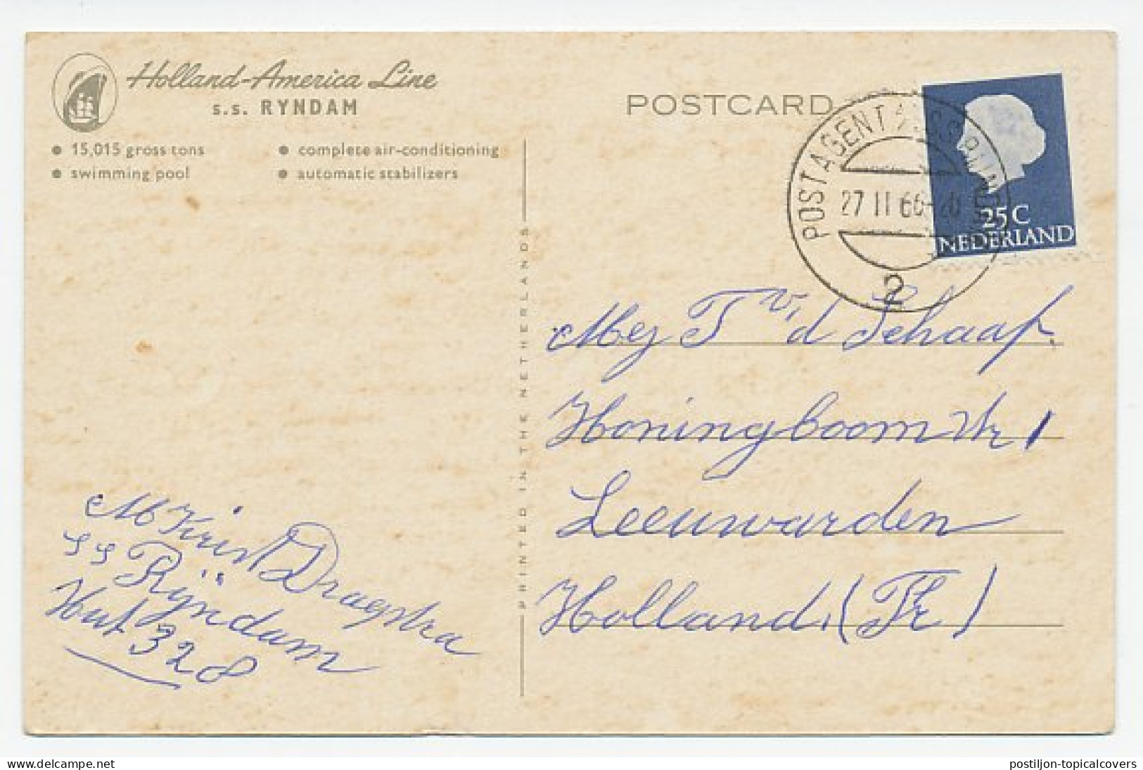 Postagent SS Rijndam 1966 : Naar Leeuwarden - Ohne Zuordnung