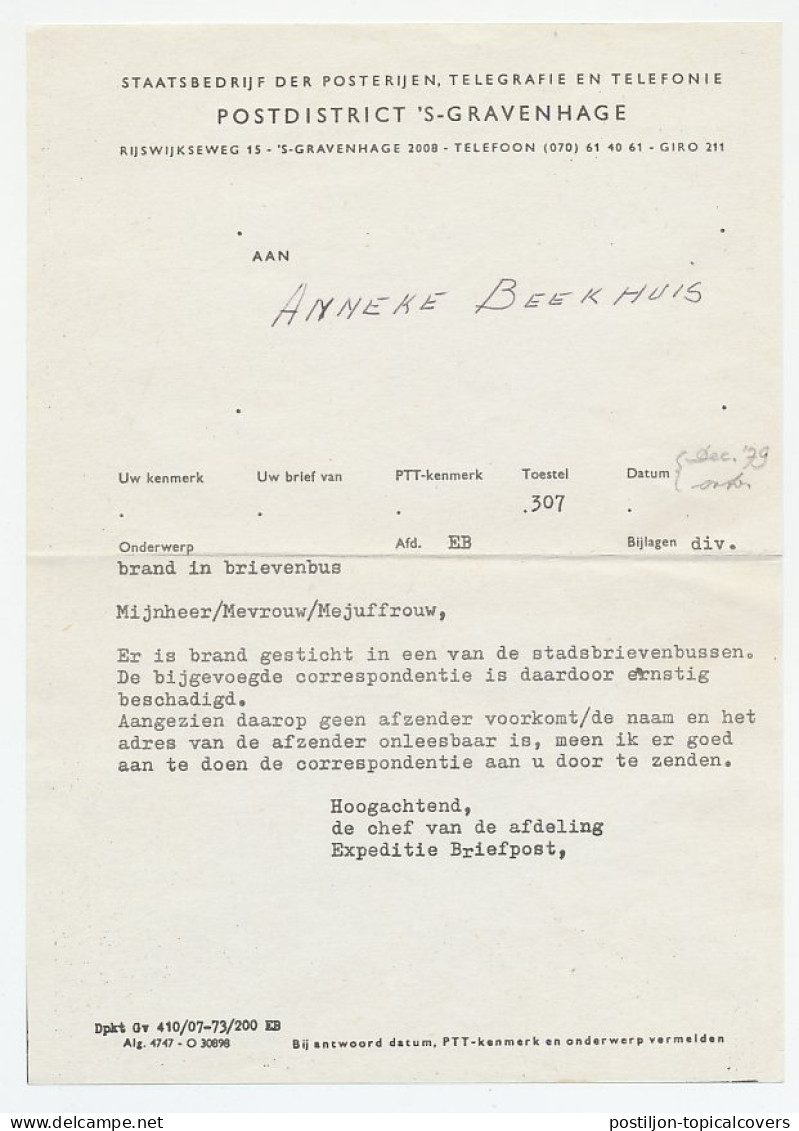 Beschadigd Door Brand Den Haag 1979 - Inclusief Excuusbrief PTT - Unclassified