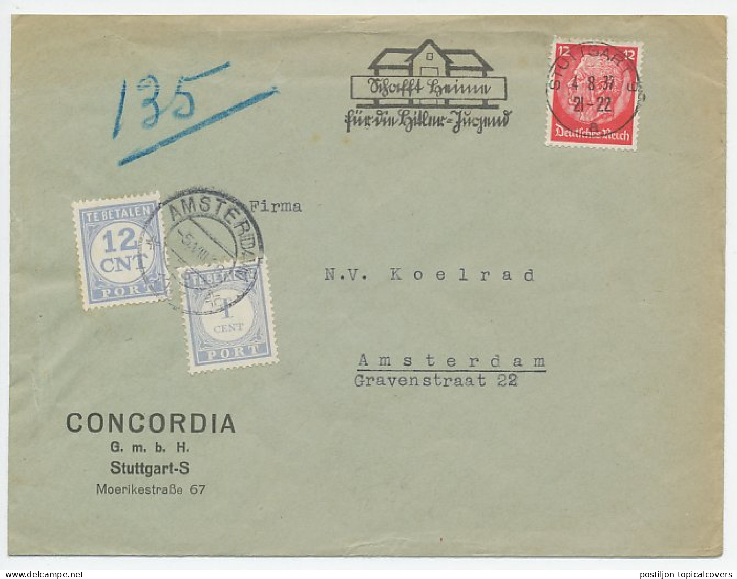 Em. Port 1912 / 1921 Stuttgart Duitsland - Amsterdam  - Unclassified