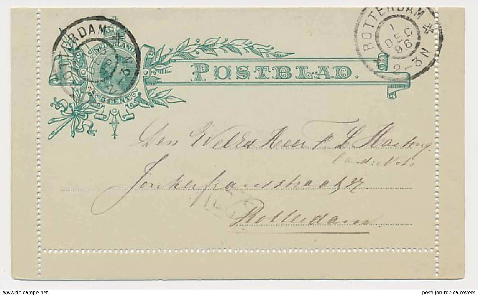 Postblad G. 3 Y Locaal Te Rotterdam 1896 FDC V.b.d. - Postal Stationery