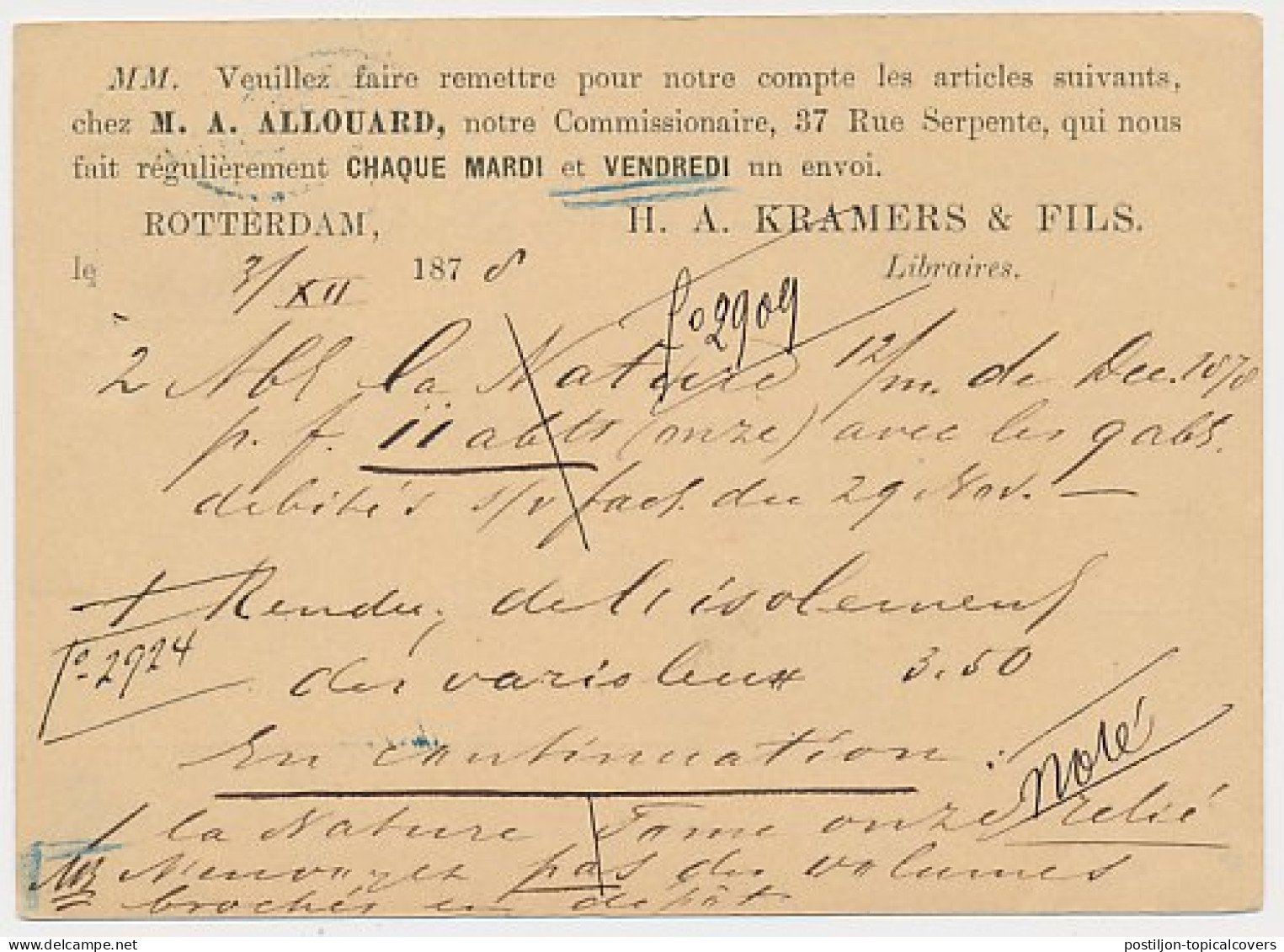 Briefkaart G. 16 Particulier Bedrukt Rotterdam - Frankrijk 1878 - Entiers Postaux