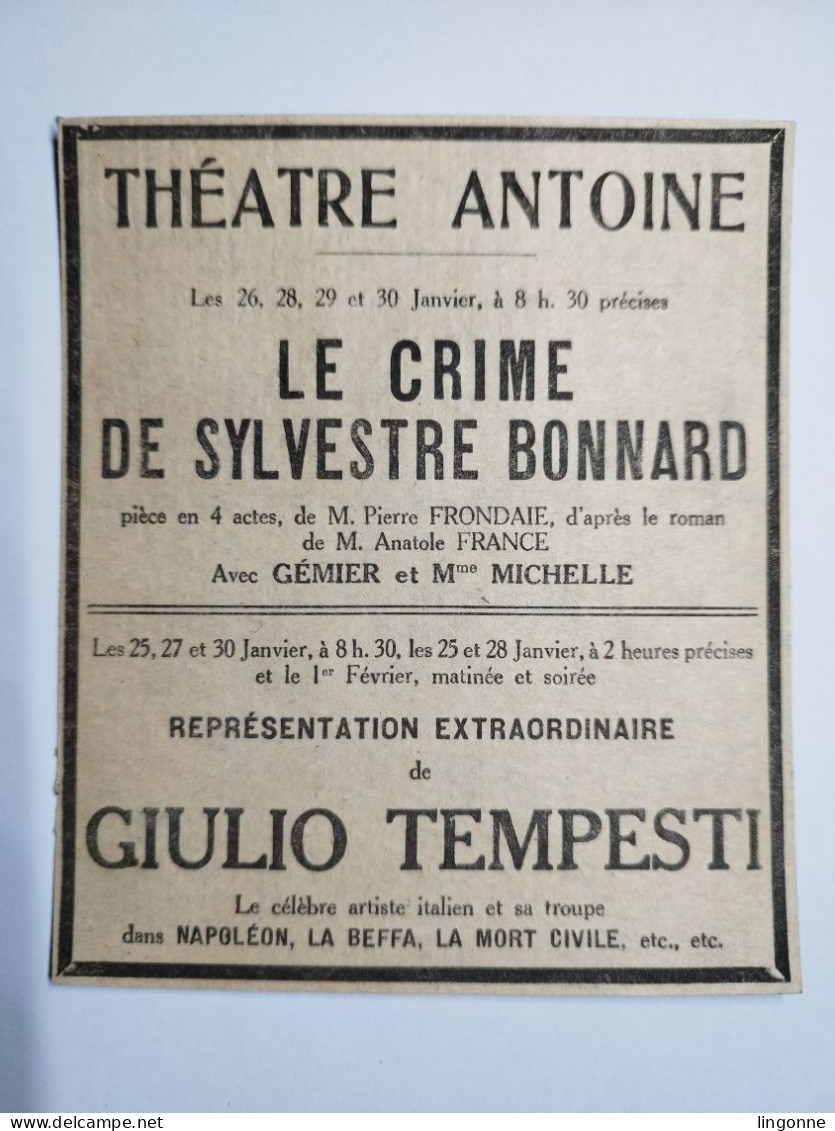 Cartonnage Publicitaire THEATRE ANTOINE LE CRIME DE SYLVESTRE BONNARD Représentation Extraordinaire De GIULIO TEMPESTI - Reclame