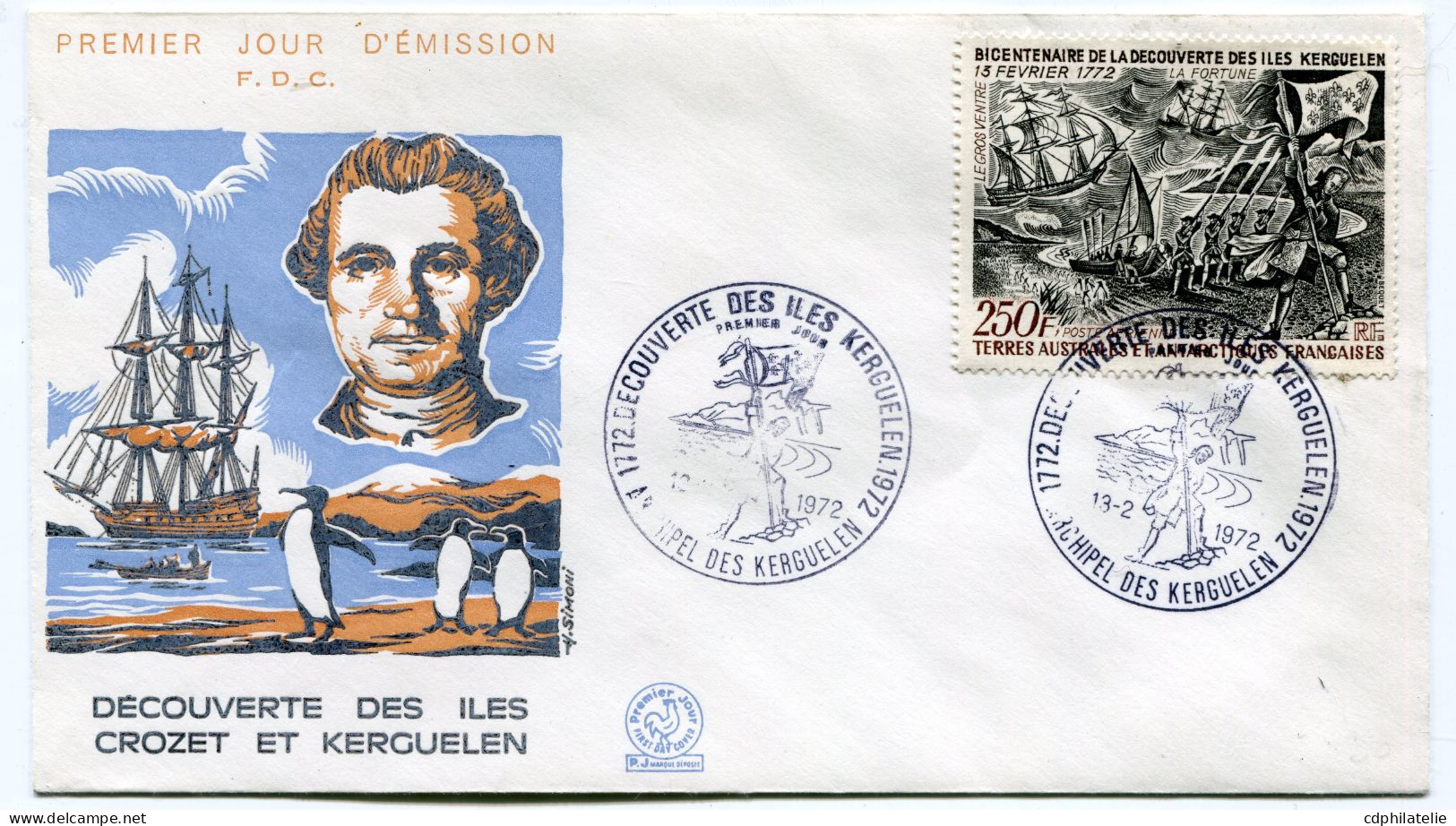 T. A. A. F. ENVELOPPE 1er JOUR DU PA 28 BICENTENAIRE DE LA DECOUVERTE DES ILES KERGUELEN AVEC OBL ILL DU 13-2-1972...... - FDC