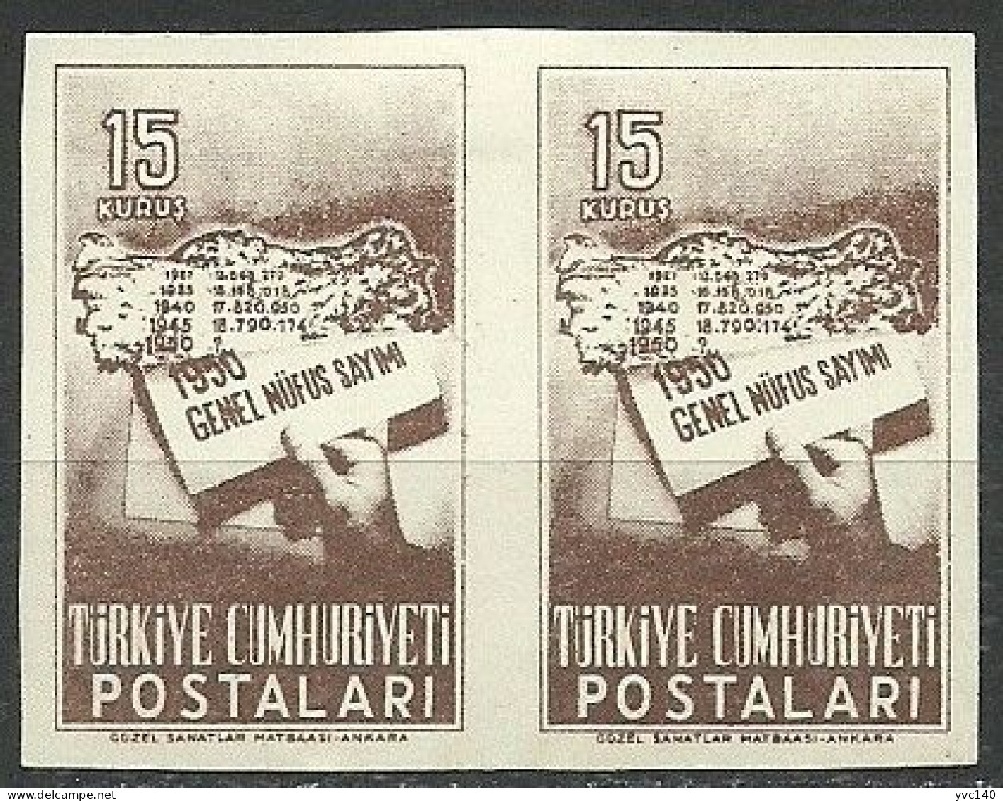 Turkey; 1950 Census 15 K. ERROR "Imperf. Perf." - Unused Stamps