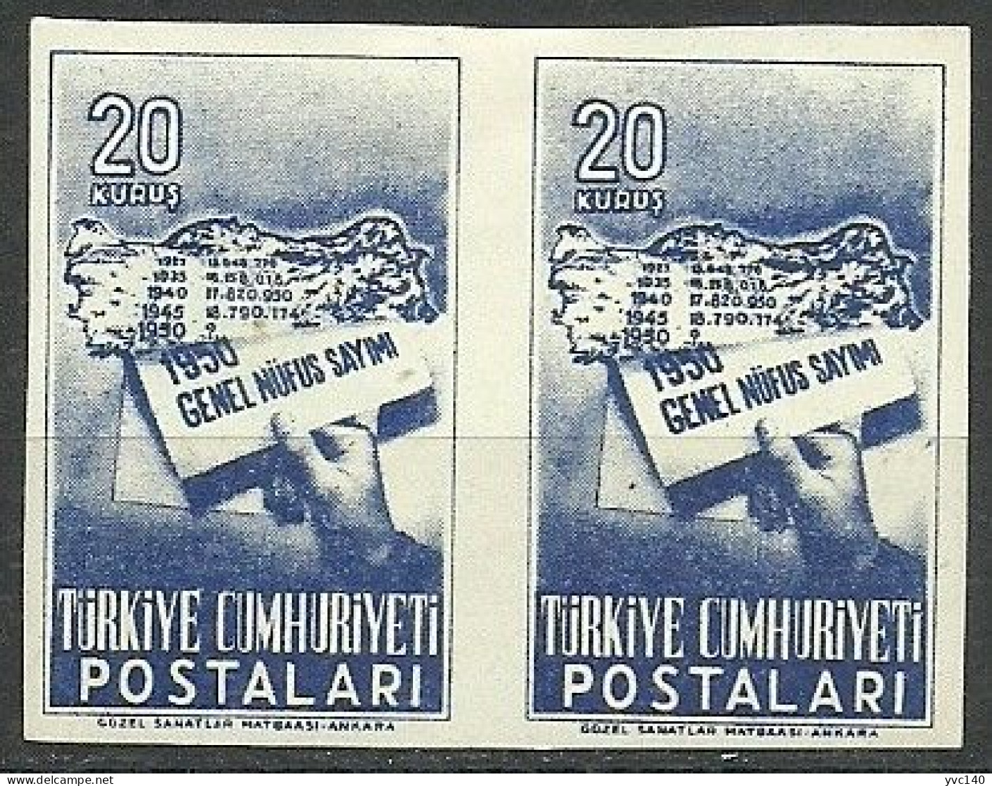 Turkey; 1950 Census 20 K. ERROR "Imperf. Perf." - Neufs