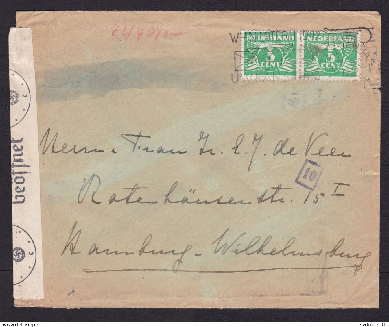 Netherlands: Cover To Germany, 1942, 2 Stamps, 3 Colour Chemical Wipe Censor, Censored, Label (minor Damage) - Brieven En Documenten