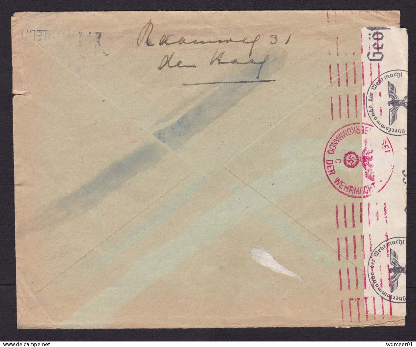 Netherlands: Cover To Germany, 1942, 2 Stamps, 3 Colour Chemical Wipe Censor, Censored, Label (minor Damage) - Cartas & Documentos