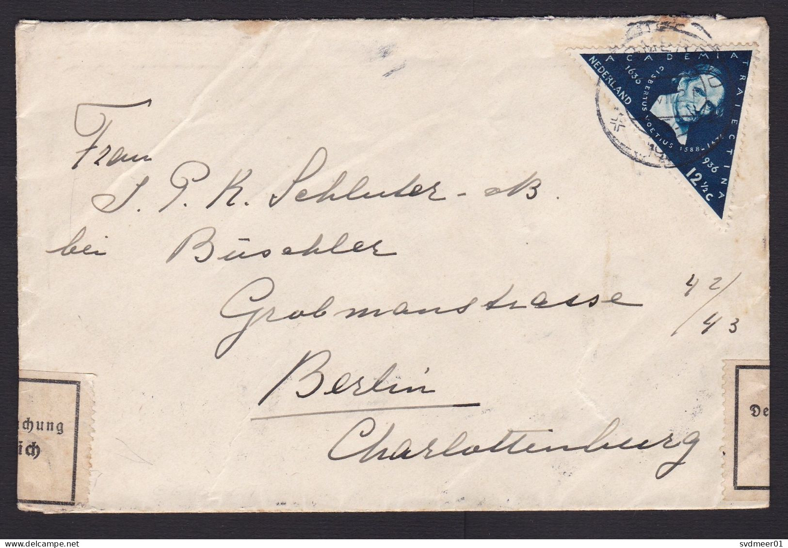 Netherlands: Cover To Germany, 1936, 1 Stamp, Triangle, Label Opened Currency Control, Customs (minor Damage) - Lettres & Documents