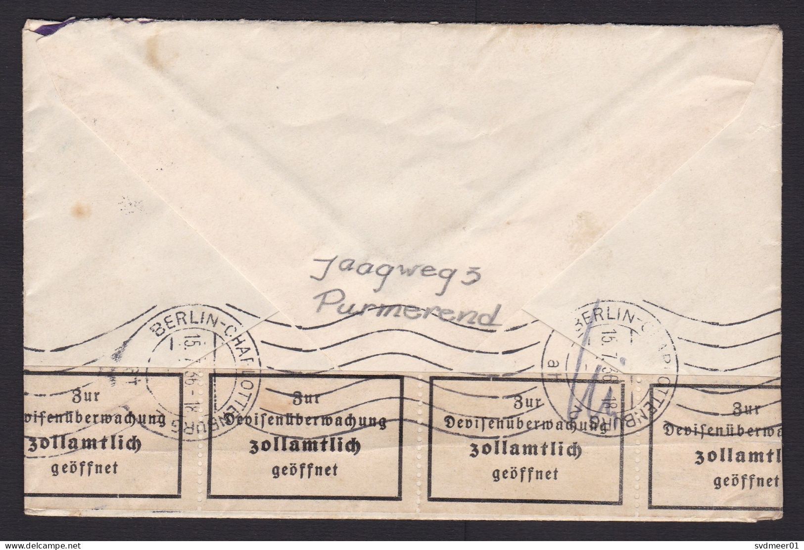 Netherlands: Cover To Germany, 1936, 1 Stamp, Triangle, Label Opened Currency Control, Customs (minor Damage) - Cartas & Documentos