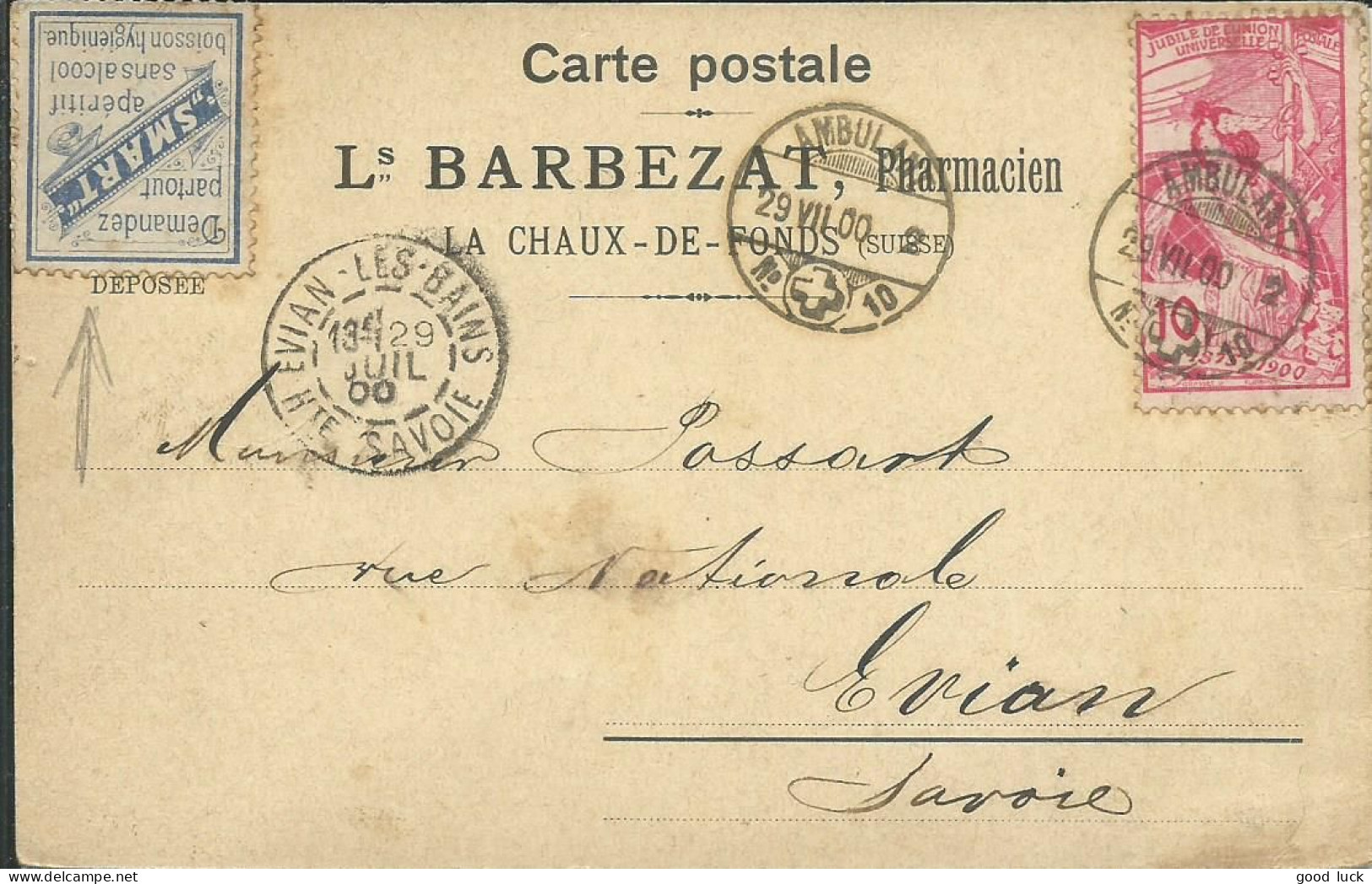 SUISSE CARTE PRIVEE 10c LA CHAUX DE FONS + AMBULANT N°10 + VIGNETTE DE 1900  LETTRE COVER - Lettres & Documents