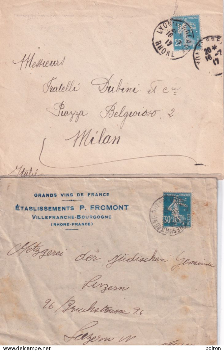 FRANCIA  N. 2 Buste Affrancate Con PERFIN  Ditte Produttrici Di Vino - 1903-60 Semeuse Lignée