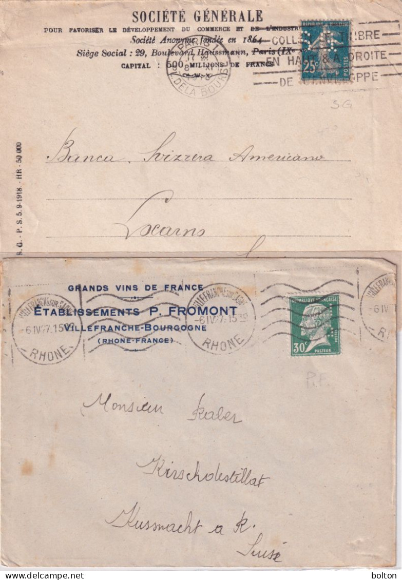 FRANCIA  N. 2 Buste Affrancate Con PERFIN  Ditte Produttrici Di Vino E Soc. Generale - 1903-60 Semeuse A Righe