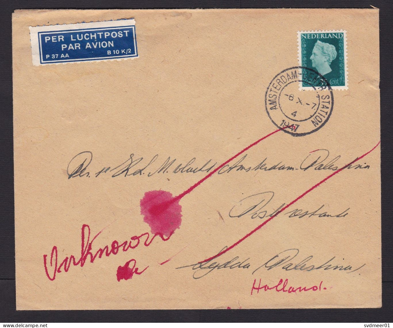 Netherlands: Airmail Cover To Palestine, 1947, 1 Stamp, Address: First Flight KLM, Returned, Retour Cancel (ink Stain) - Briefe U. Dokumente