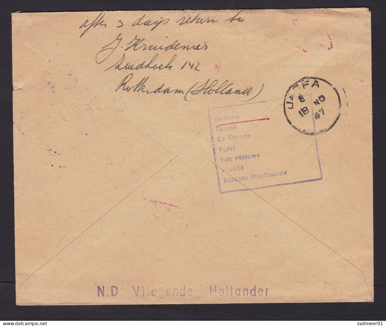 Netherlands: Airmail Cover To Palestine, 1947, 1 Stamp, Address: First Flight KLM, Returned, Retour Cancel (ink Stain) - Cartas & Documentos