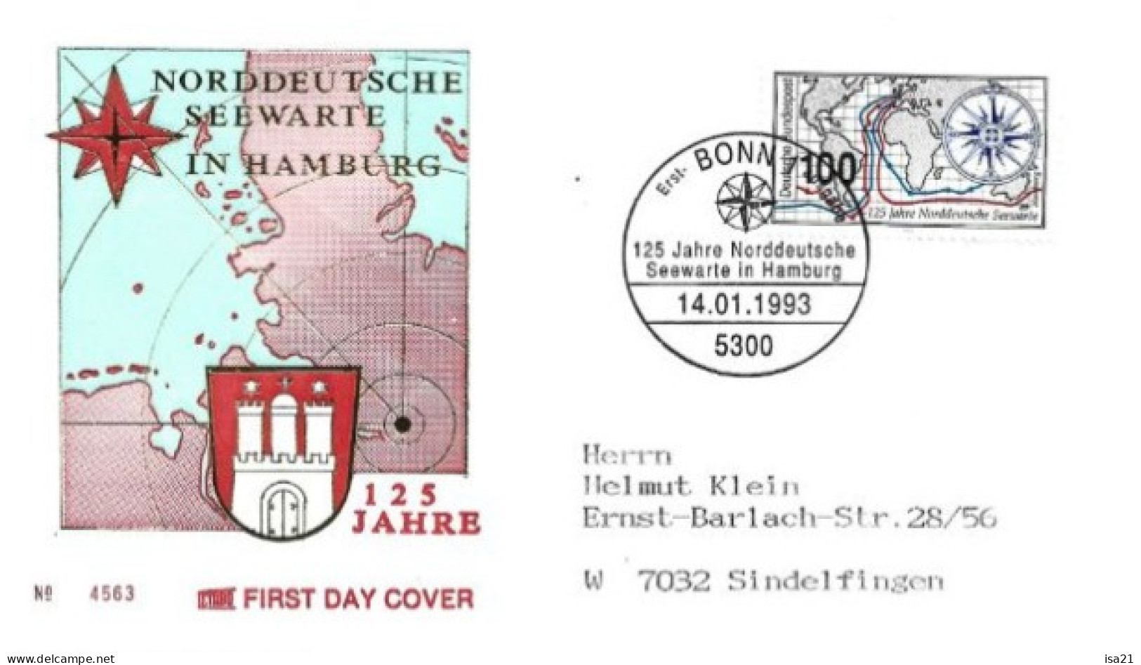 Allemagne: FIRST DAY COVER 1993: NORDDEUTSCHE SEEWARTE IN HAMBURG, Bonn. - 1991-2000