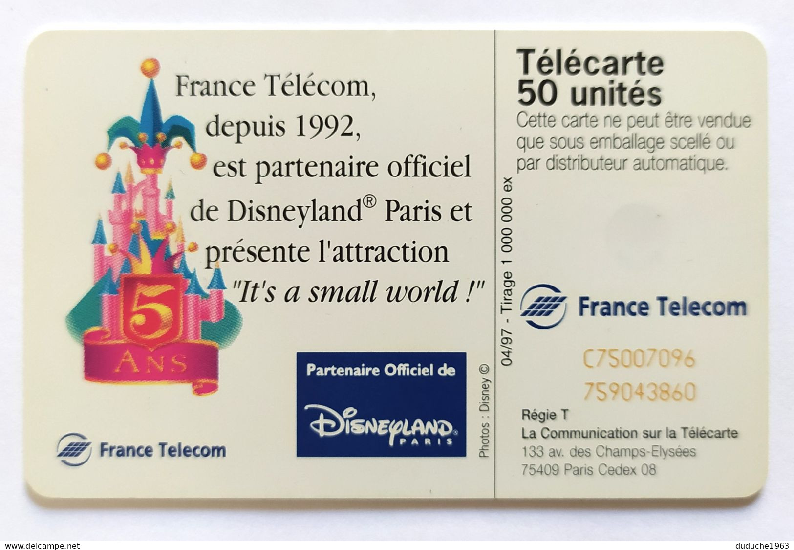 Télécarte France - Disneyland 5 Ans - Zonder Classificatie