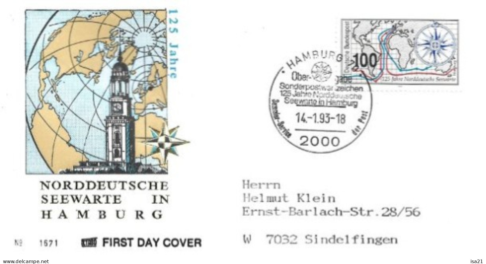 Allemagne: FIRST DAY COVER 1993: NORDDEUTSCHE SEEWARTE IN HAMBURG, Hamburg. - 1991-2000