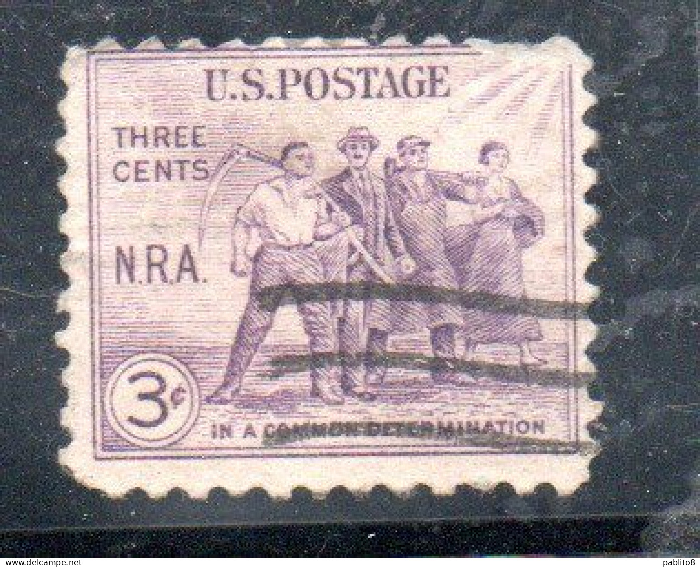 USA STATI UNITI 1933 NATIONAL RECOVERY ACT ISSUE NRA GROUP OF WORKERS CENT 3c STRIP USED USATO OBLITERE' - Used Stamps