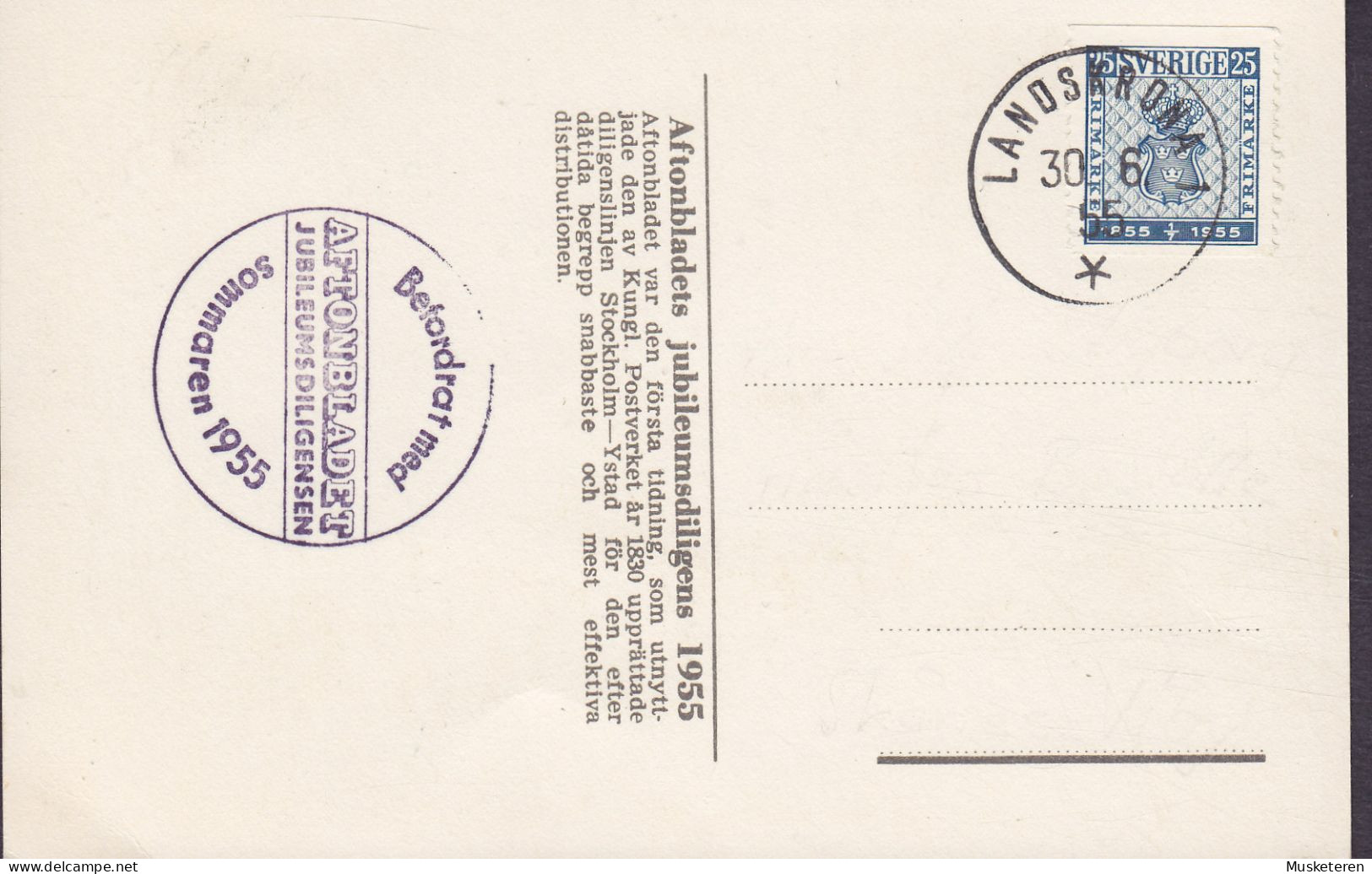 Sweden PPC (Purple Cds.) 'Befordrat Med AFTONBLADET Jubileumsdiligensen' (Newspaper) LANDSKRONA 1955 (2 Scans) - Storia Postale