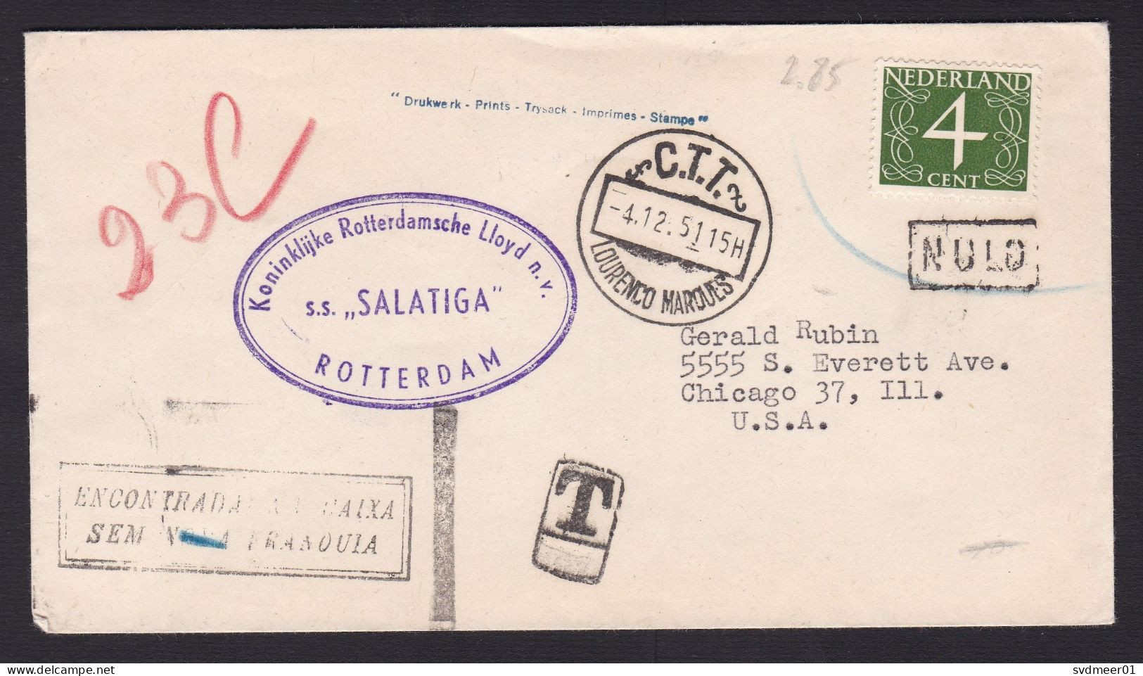 Netherlands: Cover To USA, 1951, 1 Stamp, Ship Mail From Mozambique, Rotterdamsche Lloyd, Taxed, Due (traces Of Use) - Briefe U. Dokumente