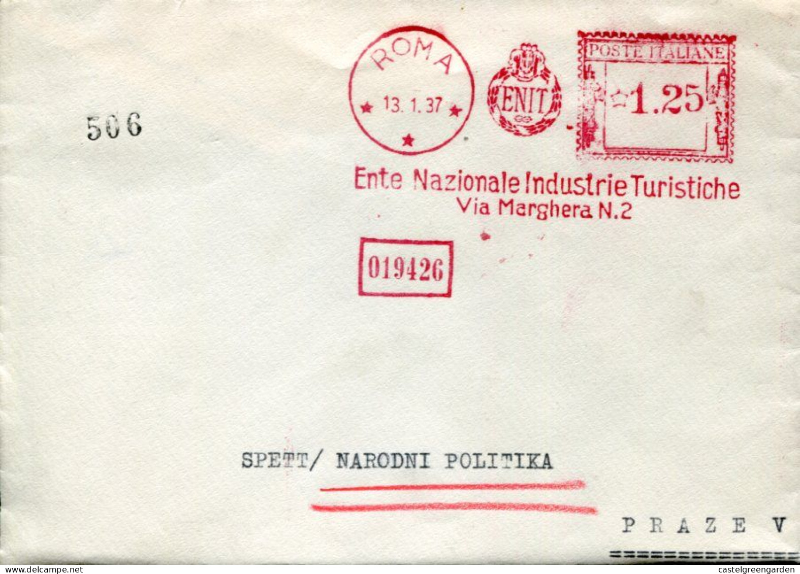 X0209 Italia,red Meter Freistempel Roma 1937 Ente Nazionale Industrie Turistiche - Franking Machines (EMA)