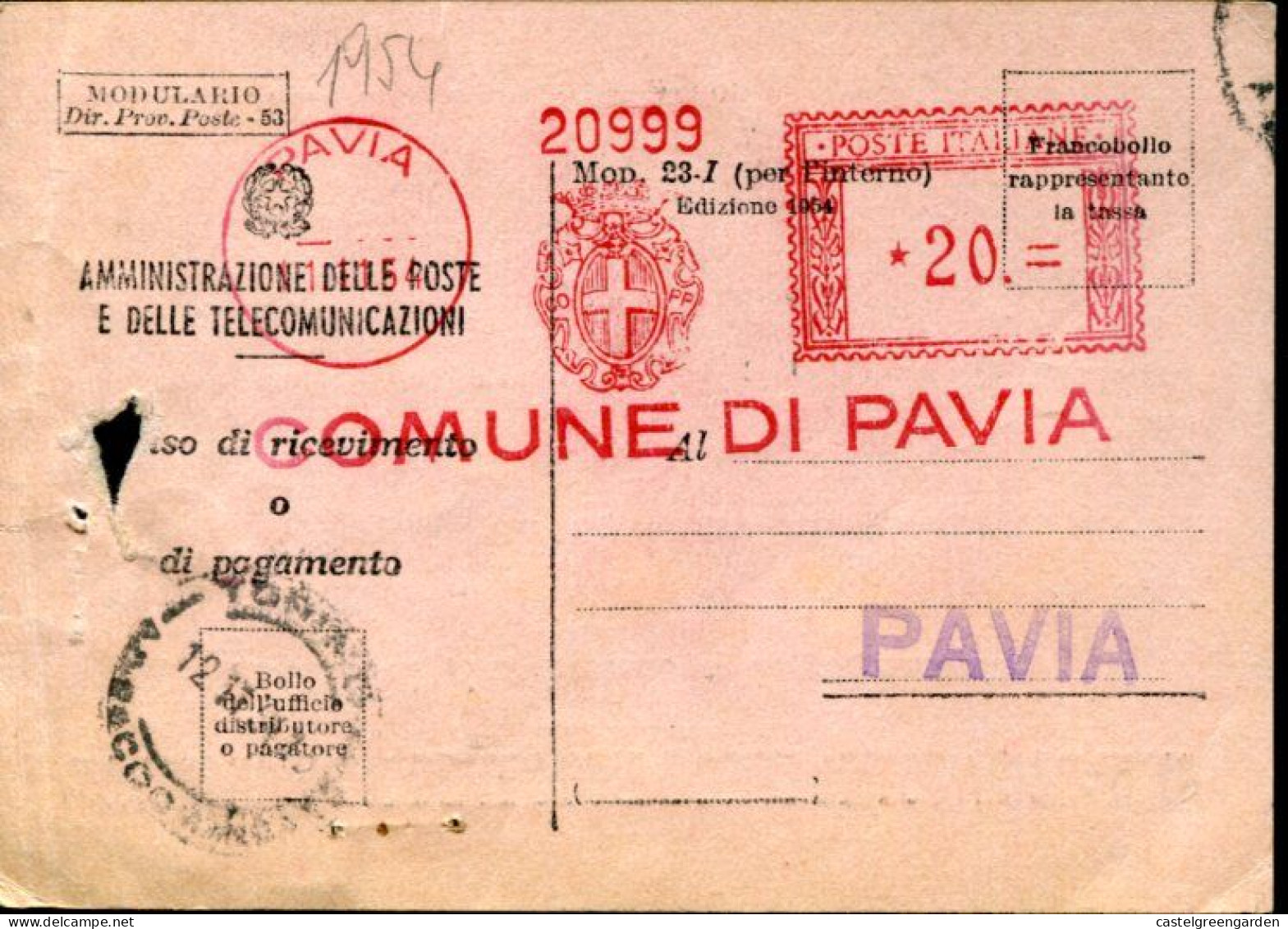 X0210 Italia,red Meter Freistempel Pavia,  1954,  Comune Di Pavia - Frankeermachines (EMA)