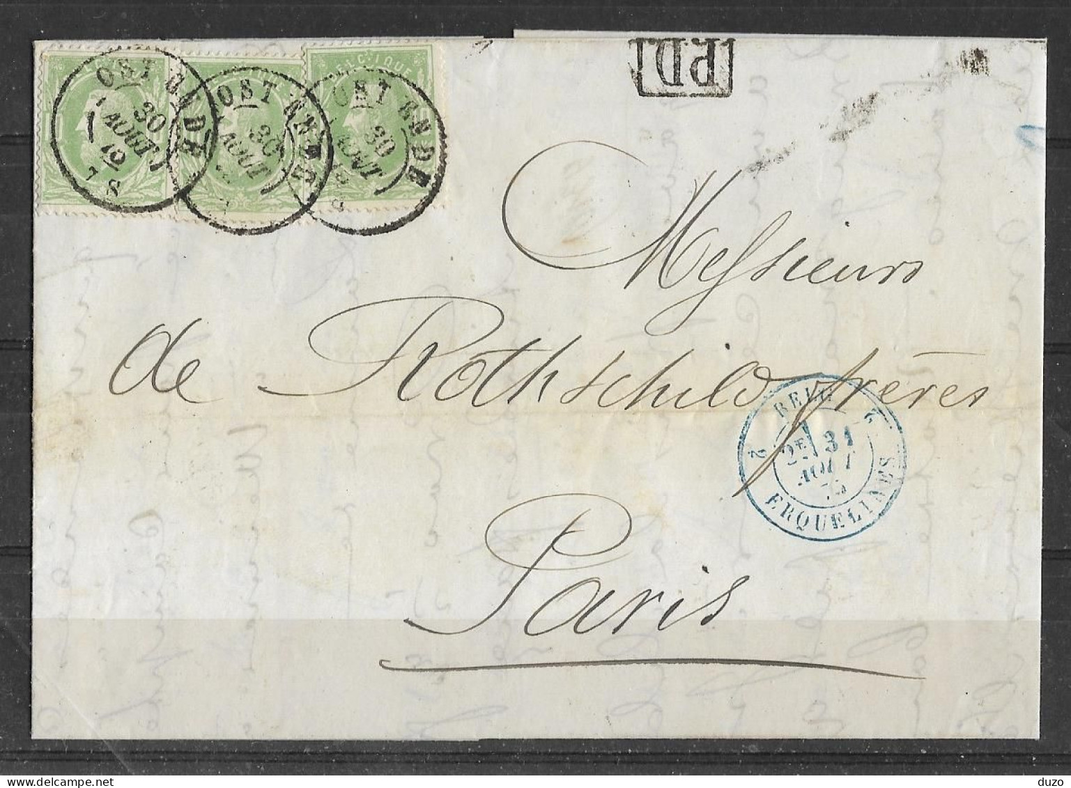 Belgique LAC (Bach & C° Ostende) Du 30/08/1875 - Oblit 3x1 Y&T N° 30 Entrée Belg 2 Erquelines Pour Rothschild Paris. - 1869-1883 Léopold II