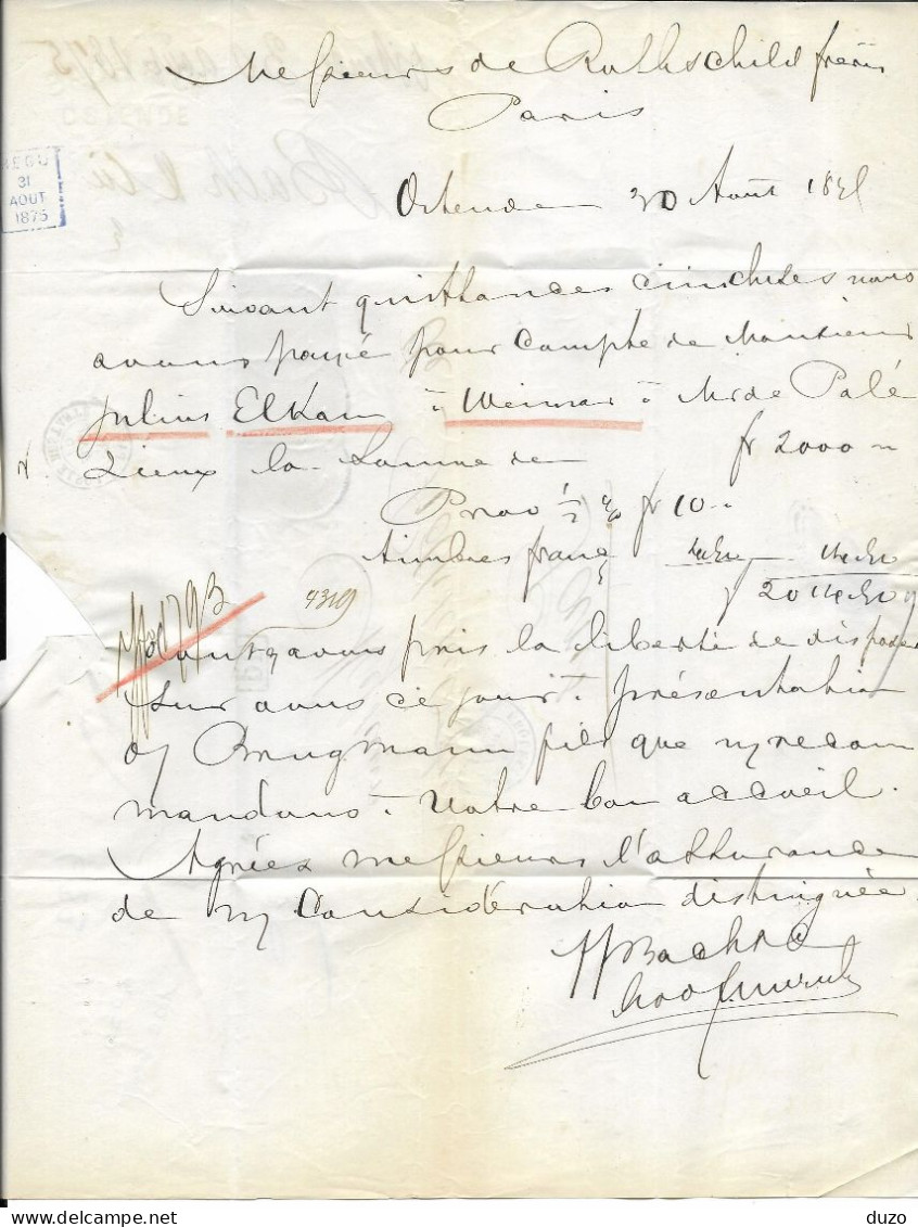 Belgique LAC (Bach & C° Ostende) Du 30/08/1875 - Oblit 3x1 Y&T N° 30 Entrée Belg 2 Erquelines Pour Rothschild Paris. - 1869-1883 Leopold II.