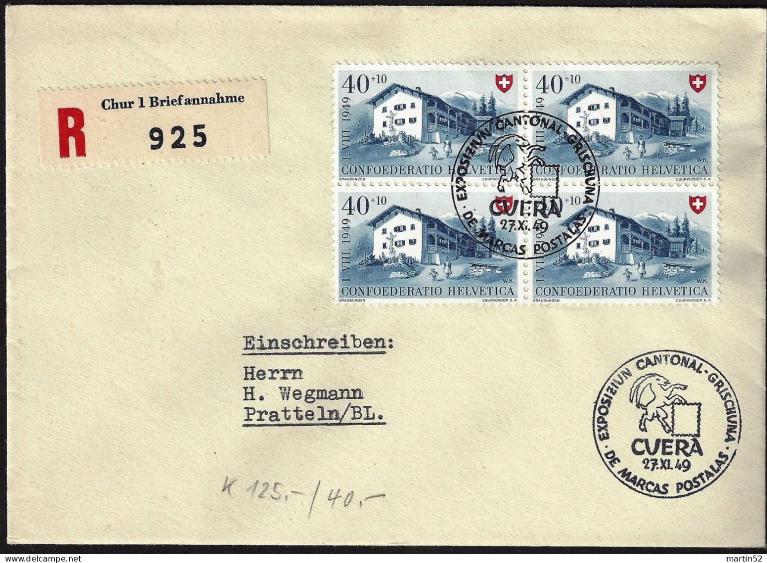 Schweiz Suisse 1949: Zu WII45 Mi 528 Yv 480 ⊙ EXPOSIZIUN CANTONAL GRISCHUNA DE MARCAS POSTALAS CUERA 27.XI.49 - Covers & Documents