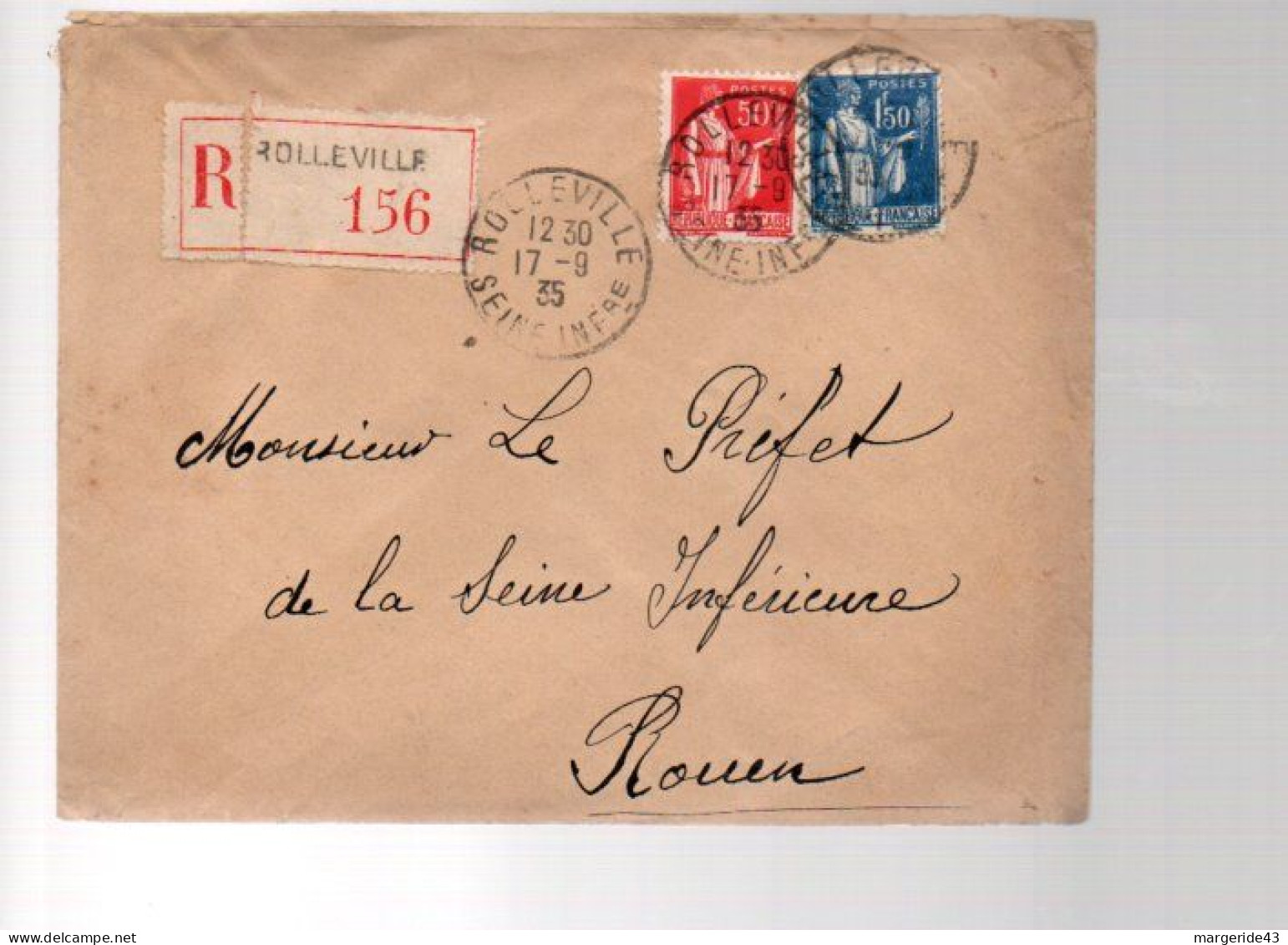 AFFRANCHISSEMENT COMPOSE SUR LETTRE RECOMMANDEE DE ROLLEVILLE 1935 - Postal Rates