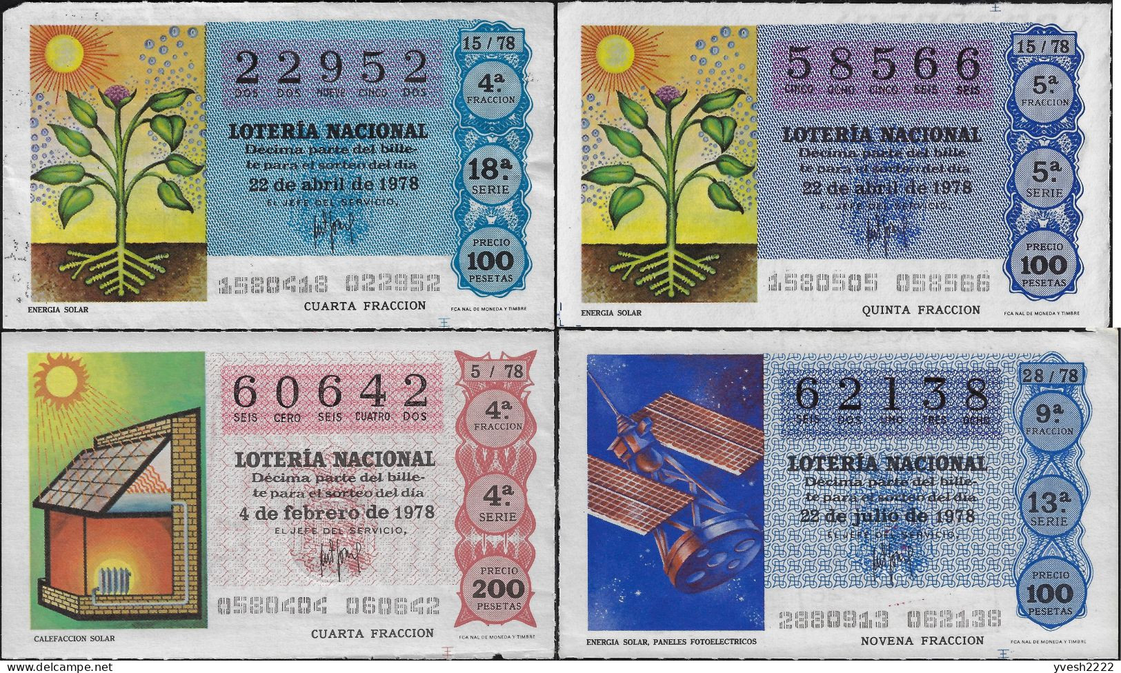 Espagne 1978. 4 Billets De Loterie Nationale. Actions Du Soleil. Chauffage, Plantes, Panneaux Solaires Sur Satellites - Billets De Loterie