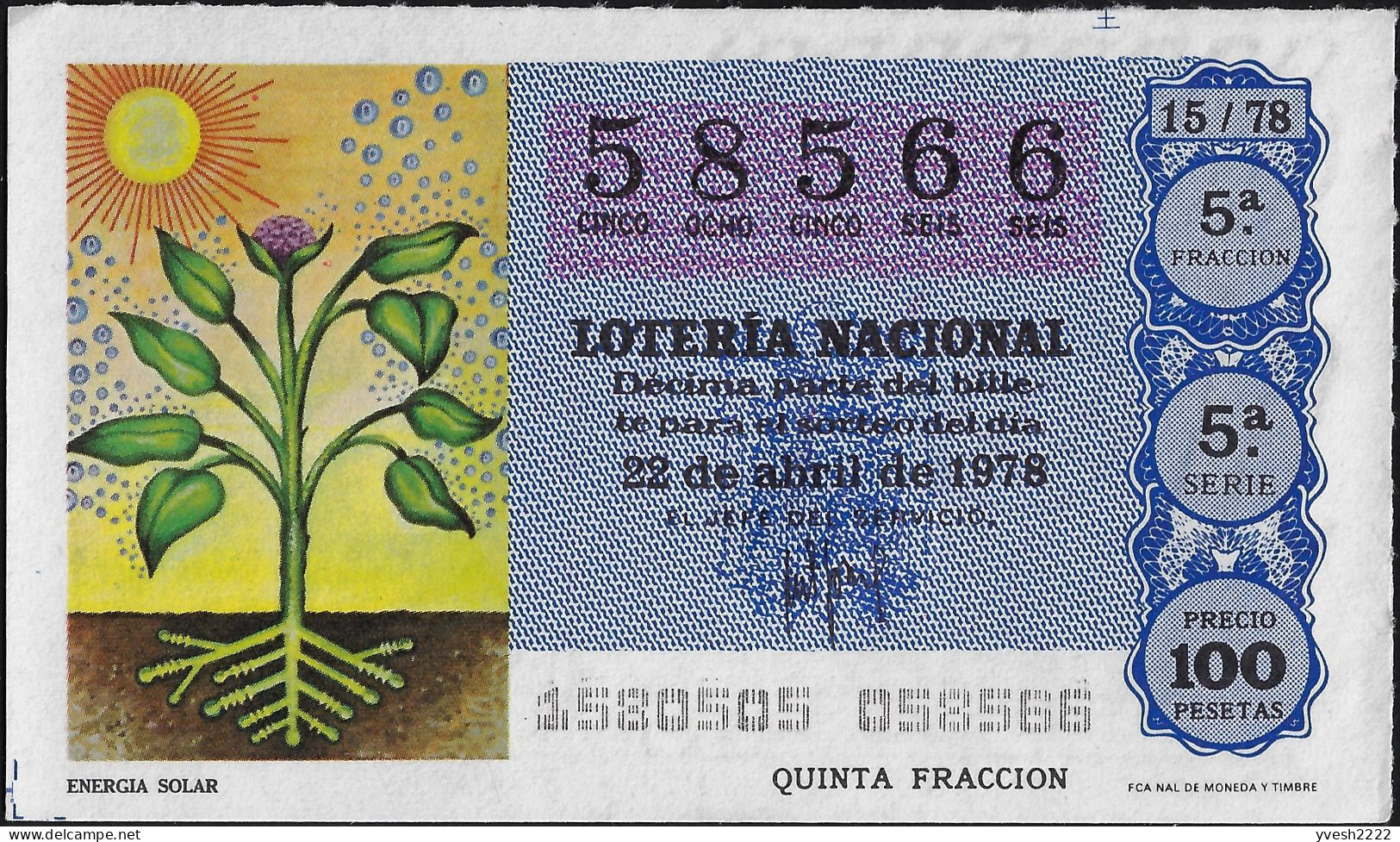 Espagne 1978. 4 Billets De Loterie Nationale. Actions Du Soleil. Chauffage, Plantes, Panneaux Solaires Sur Satellites - Lottery Tickets